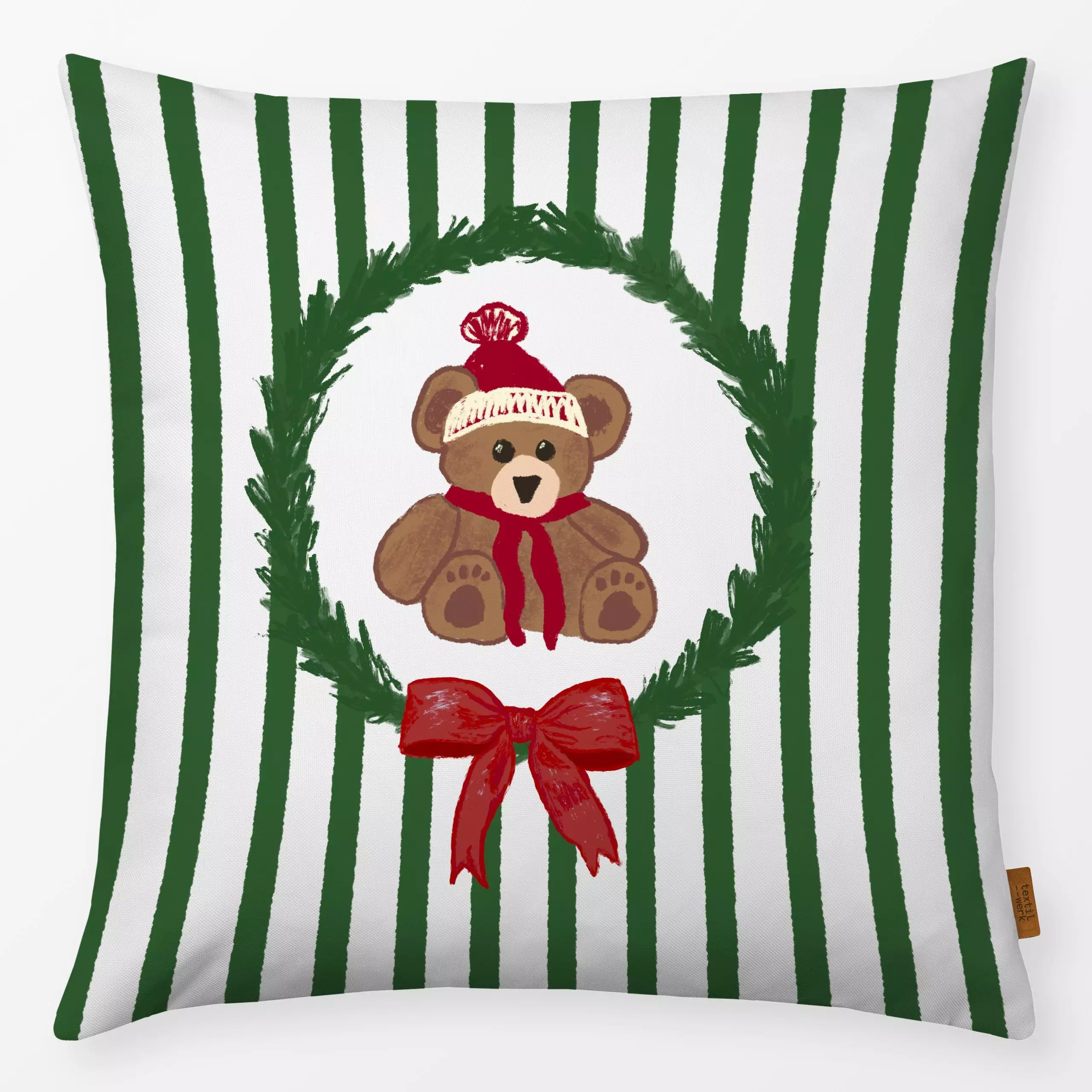 Kissen Teddy Schleife gestreift - Weihnachten, Winter - von „Studio Dolci"; Merry Christmas, Bär, Weihnachten, Winter, weihn...