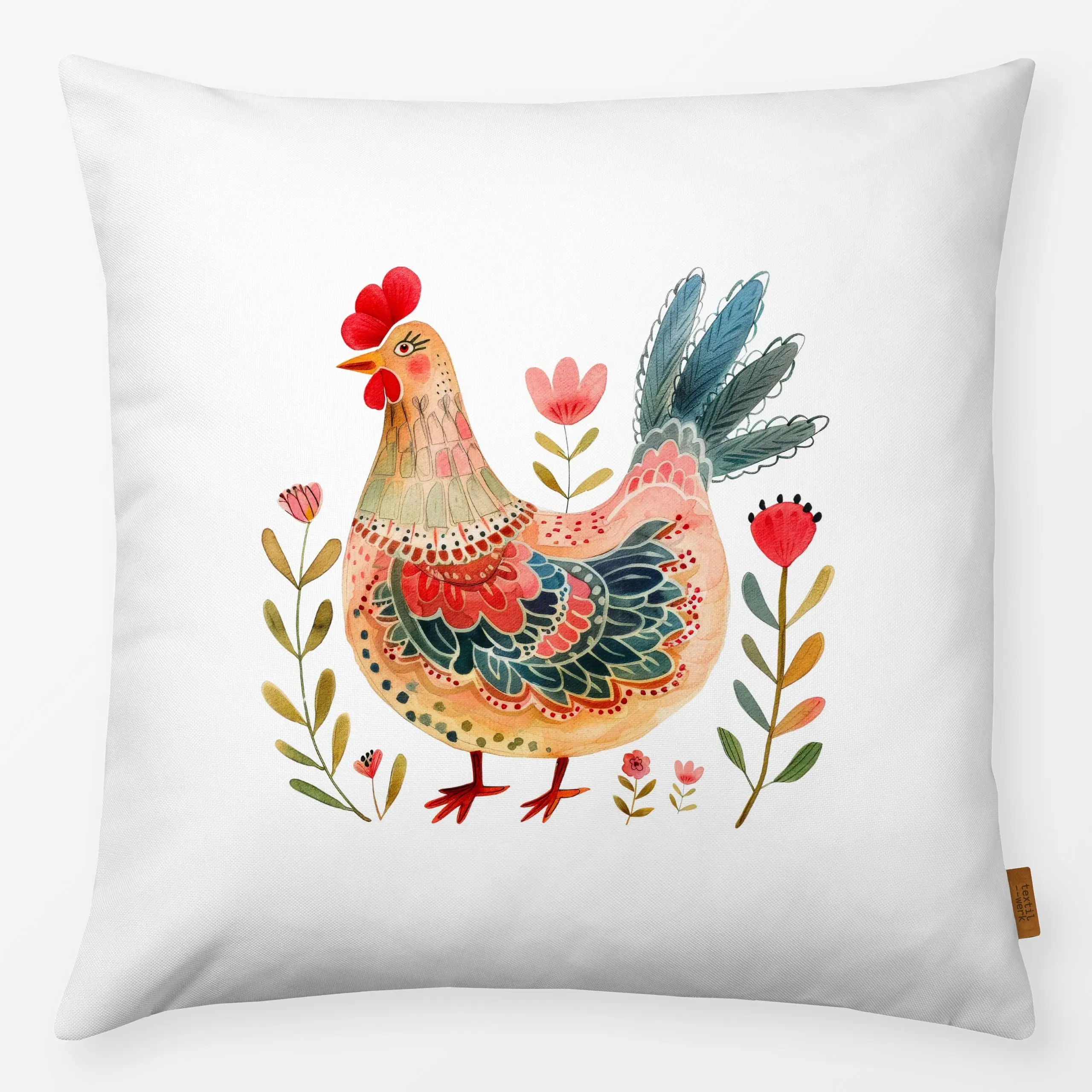 Kissen Kunterbunter Hahn - Frühling, Tiere, Ostern - von „Uta Naumann"; Wasserfarben, Hühner, niedlich, Kinderzimmer, floral...