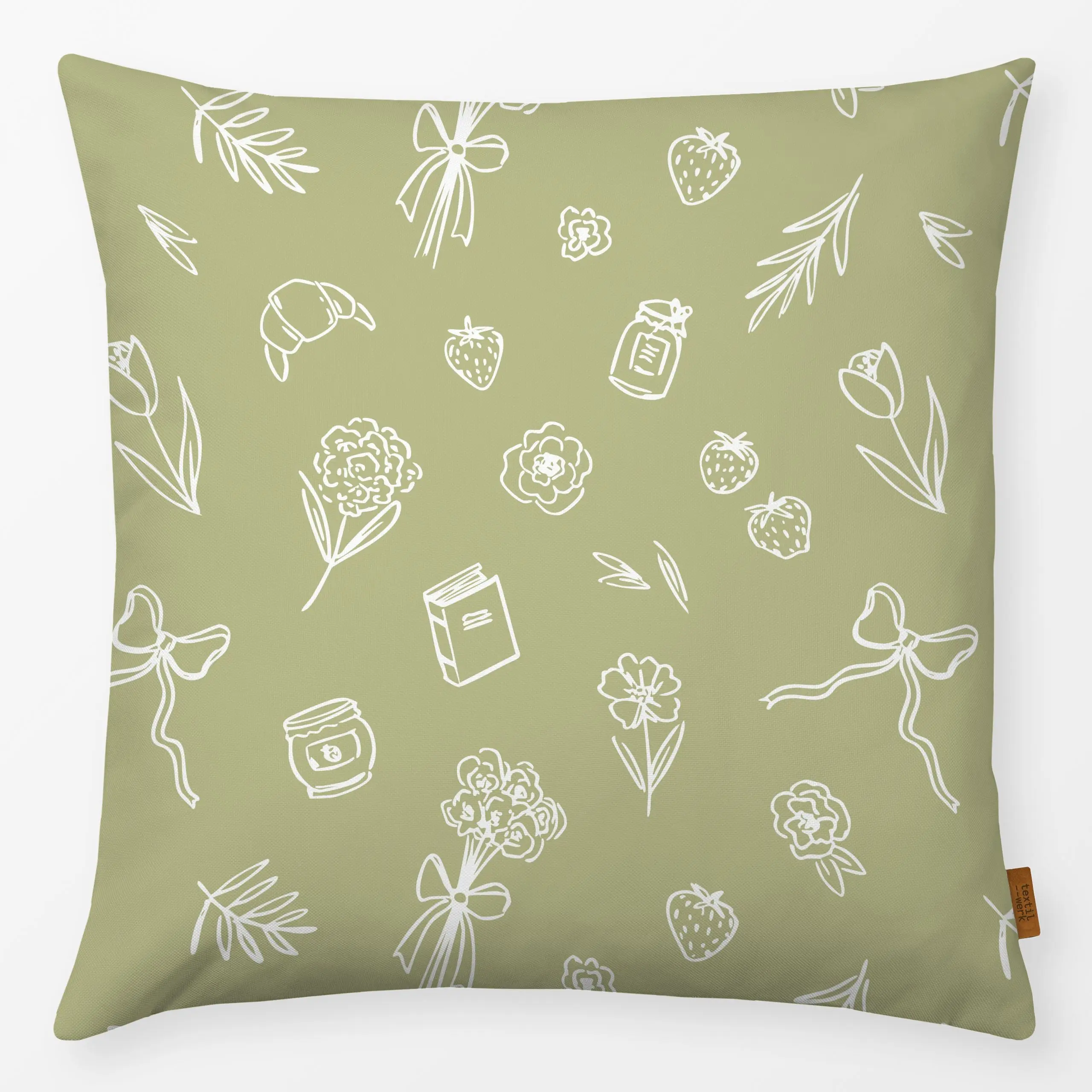 Kissen Slow Life Green - Blumen & Florales - von „Barlena"; floral, schleife, romantisch, Fruehling, cottagecore, countrysid...