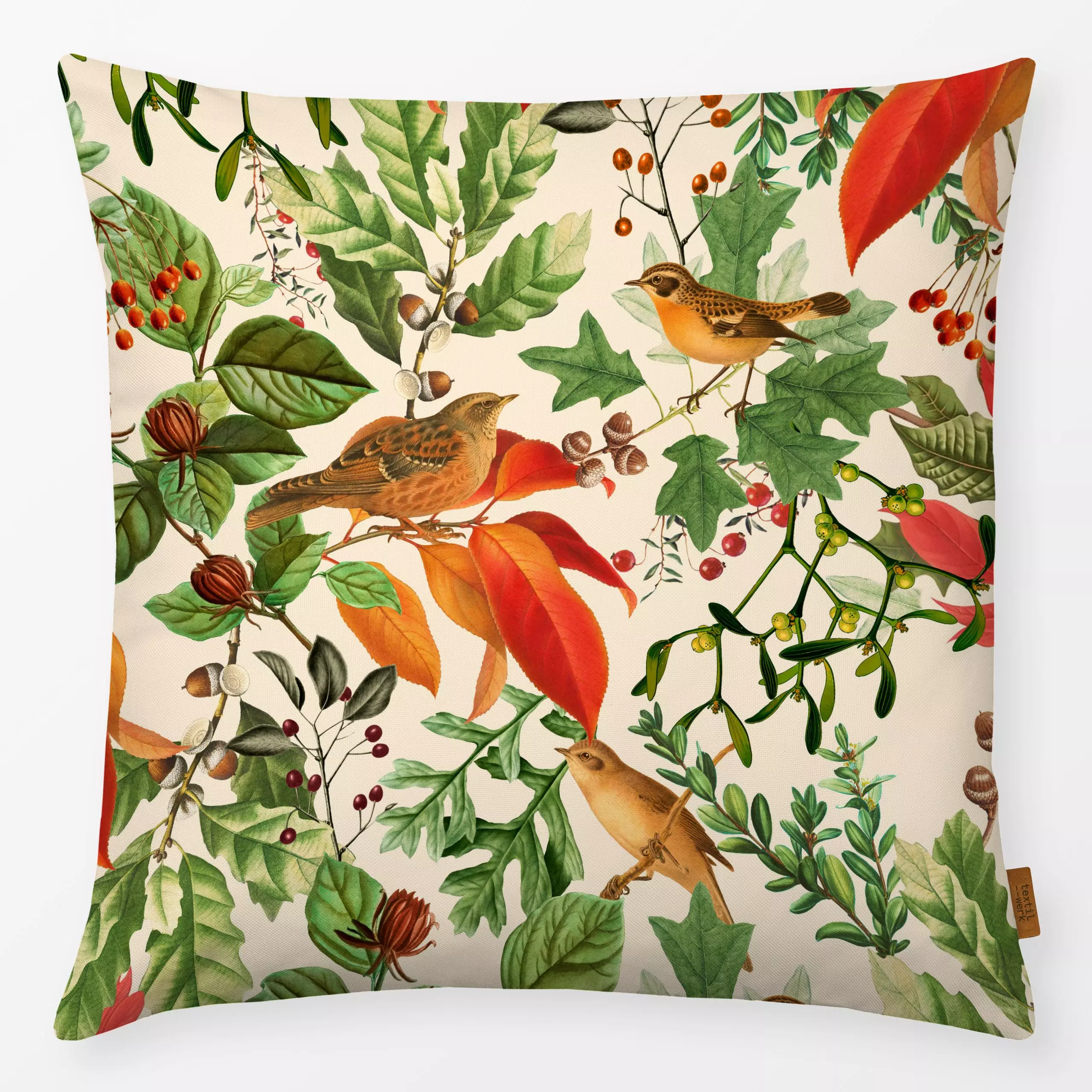 Kissen Goldener Herbst Beige - Blumen & Florales, Herbst, Tiere - von „Uta Naumann"; Natur, Blätter, Garten, Vogel, vintage,...