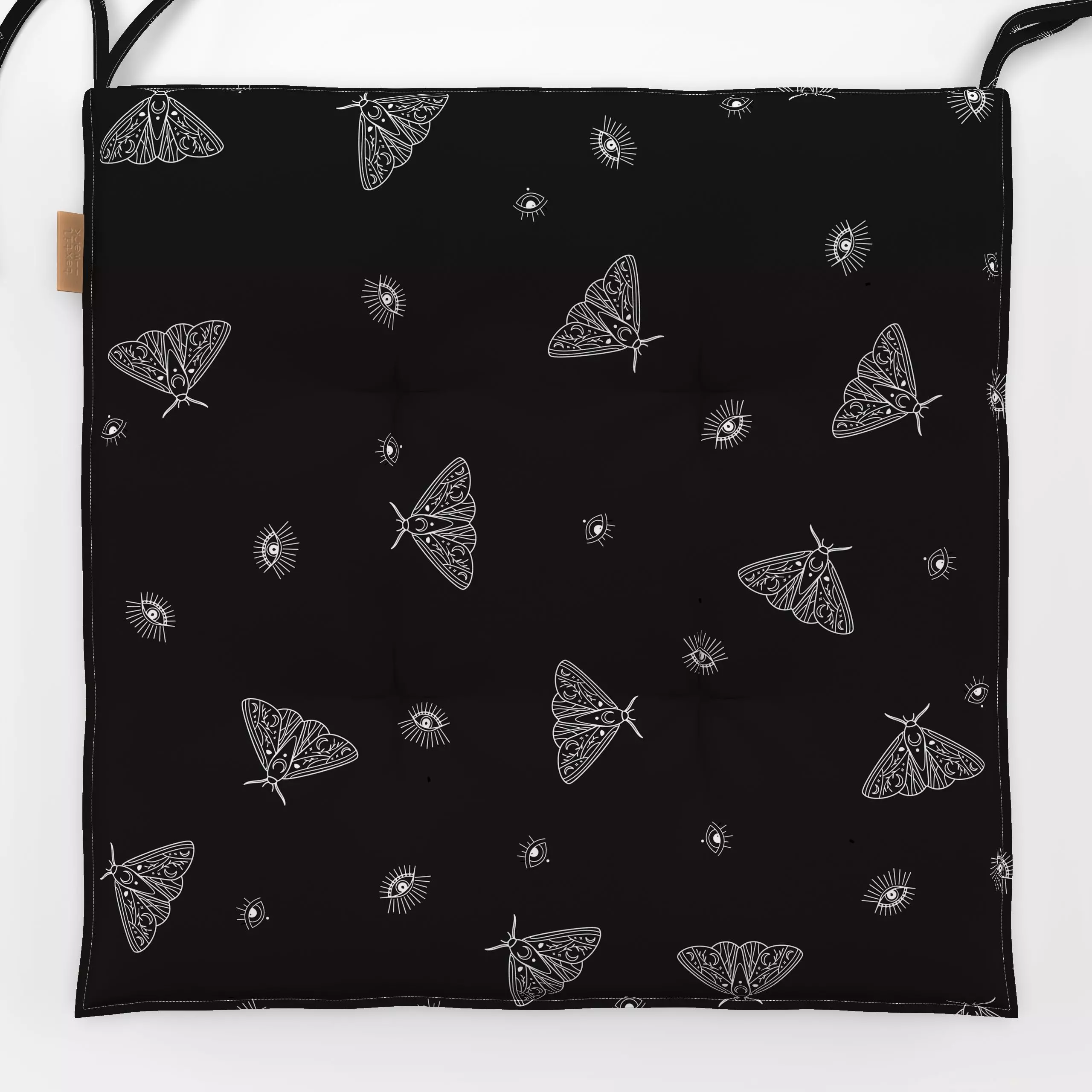 Sitzkissen Moth Minimal (dark) - von „Verena Klöpper"; Motte, Schmetterling, Mond, HAMSA, Schwarzweiss, mystisch