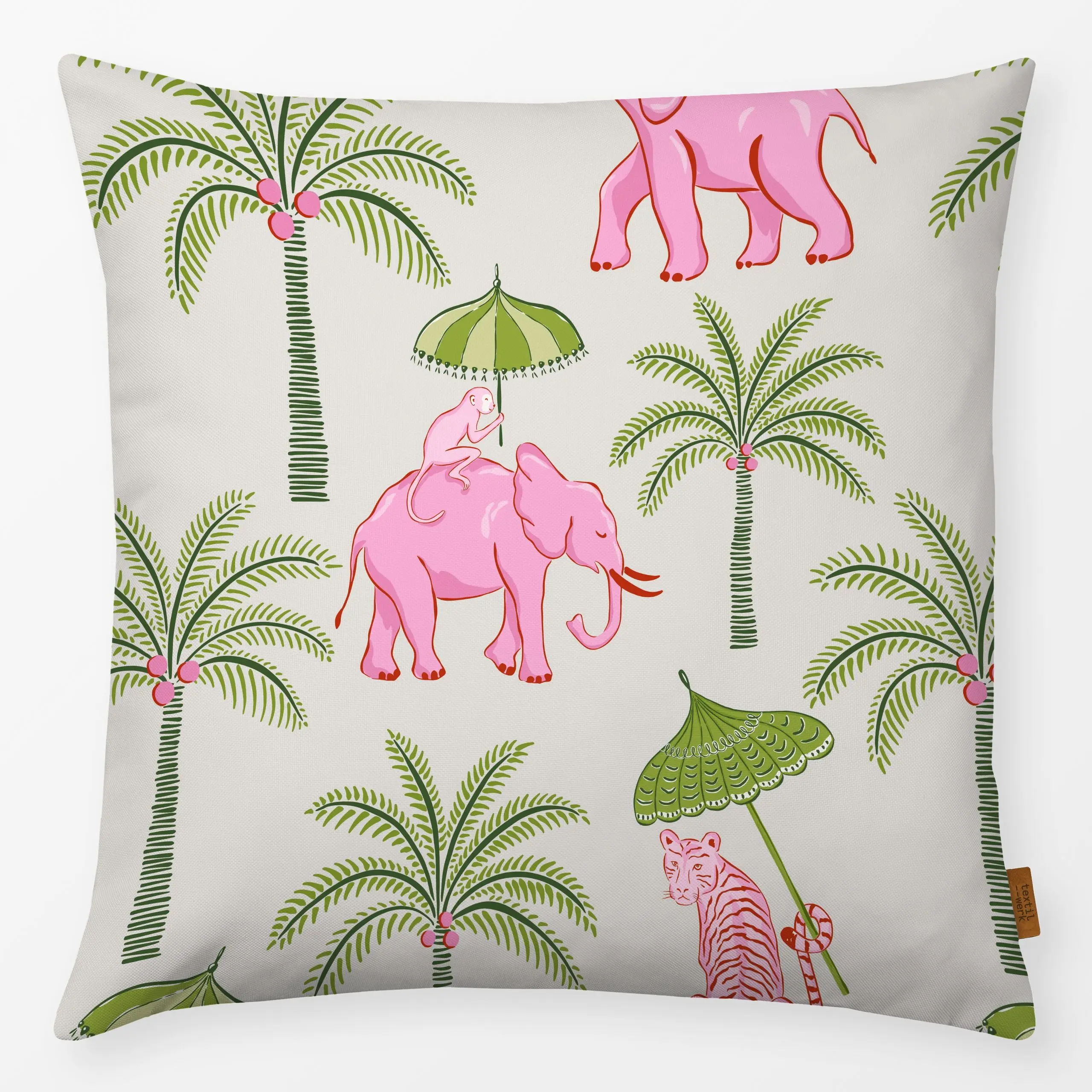 Kissen pink elephants with parasols - Sommer, Tiere, Safari & Dschungel - von „Vivian Hasenclever"; boho, Dschungle, Wildtie...