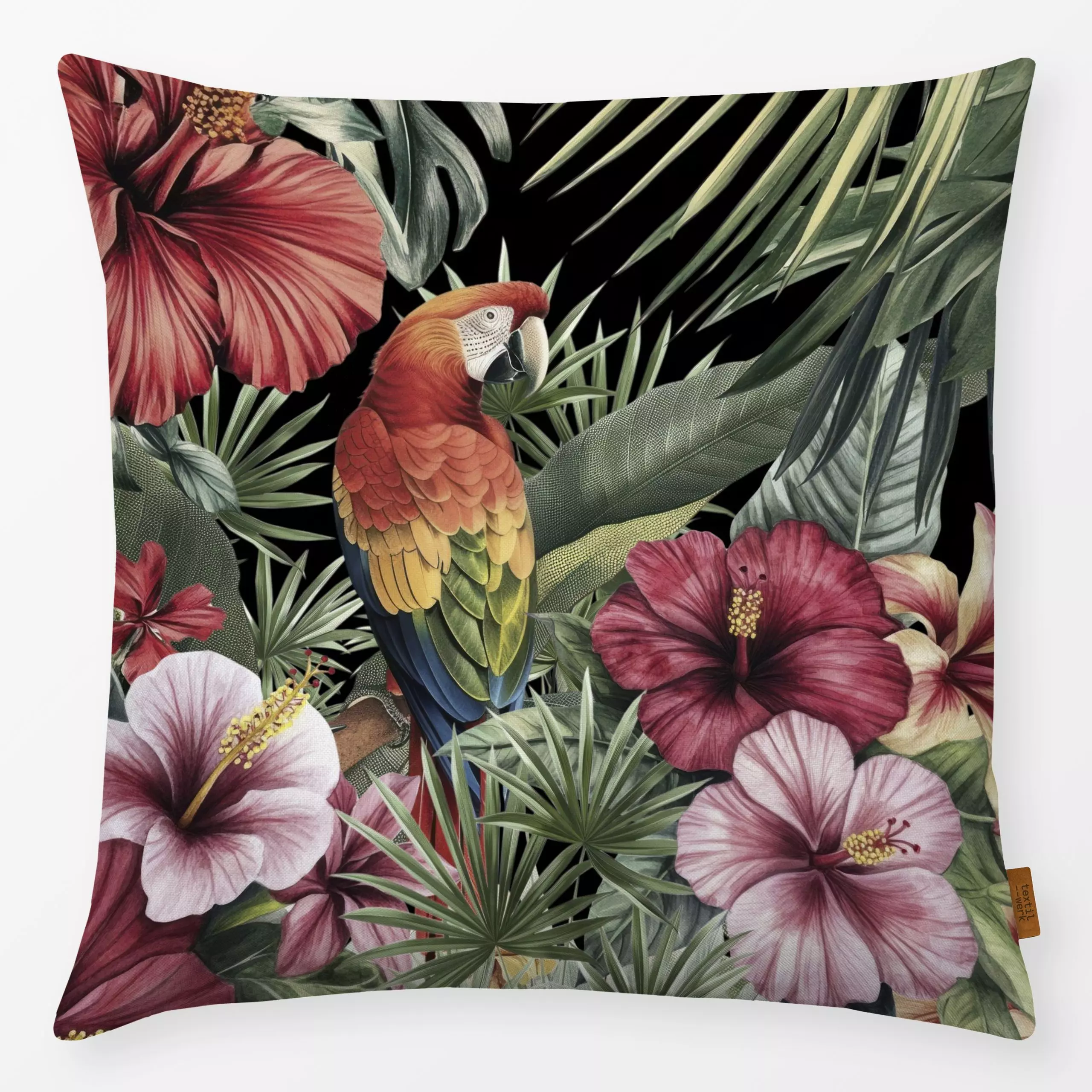 Kissen Bygone Era Tropical Dream - Blumen & Florales, Safari & Dschungel - von „Andrea Haase"; Papaya, Dschungle, Papagei, t...