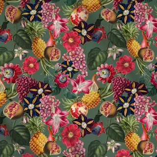 Meterware Tropenblüten & Früchte grün