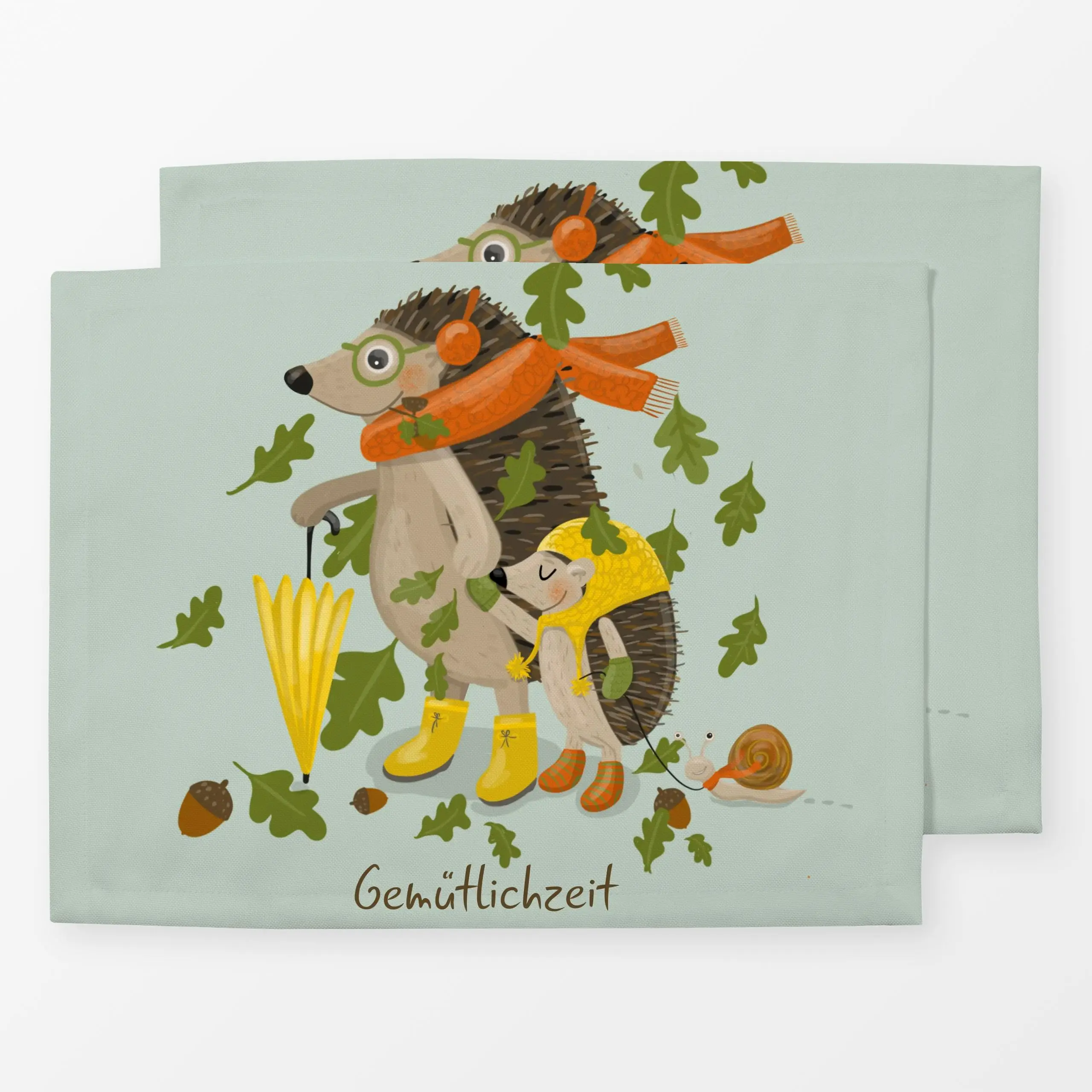Tischset Gemütlichzeit mint - Herbst, Kinderzimmer & Motive für Kinder, Tiere - von „Heyduda"; Illustration, Laub, Cozy, Ige...
