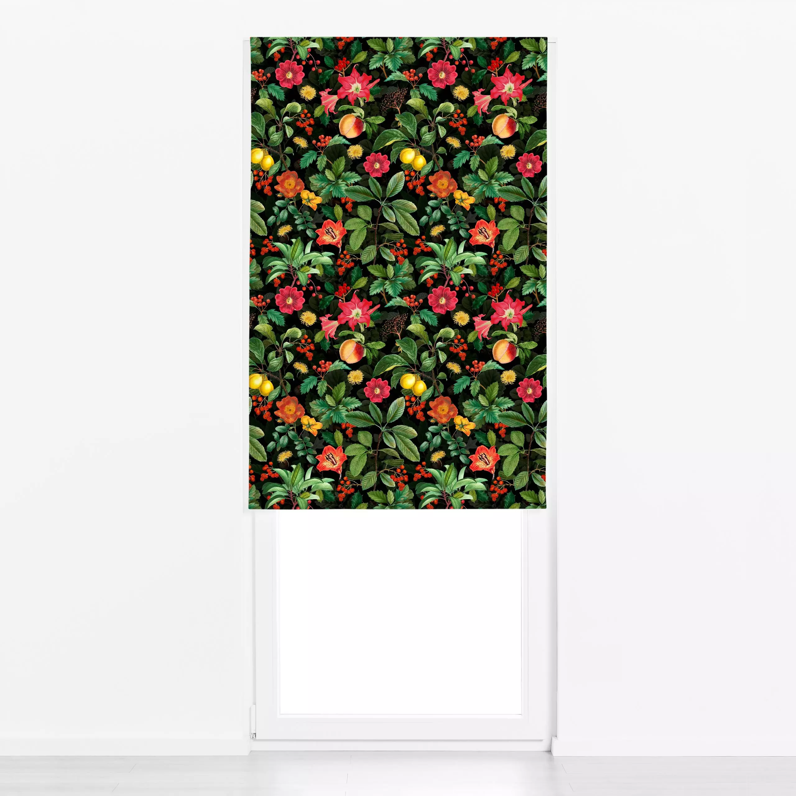 Raffrollo Autumn Garden Memories Black - Blumen & Florales, Herbst - von „Andrea Haase"; schwarz, Beeren, Laub, floral, bota...