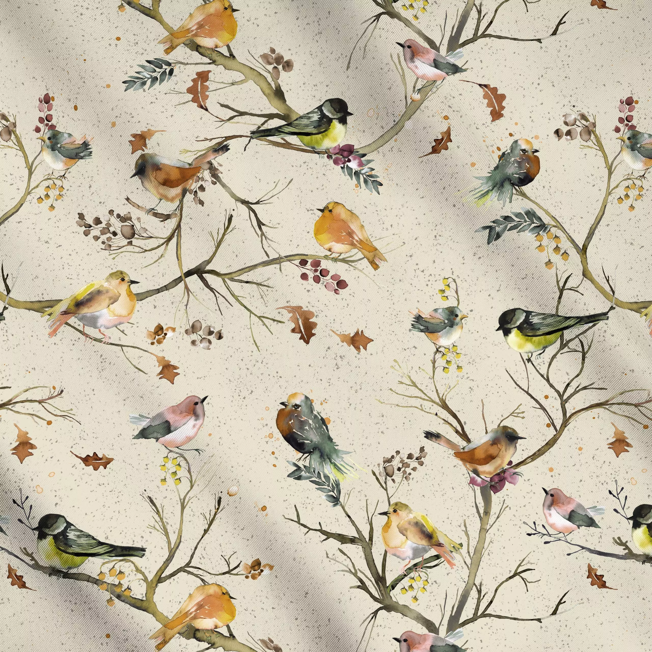 Meterware Vogel Tier Herbst Cottage - Herbst, Natur & Landschaft, Tiere - von „Ninola Design "; Aquarell, Vogel, Rotkehlchen...