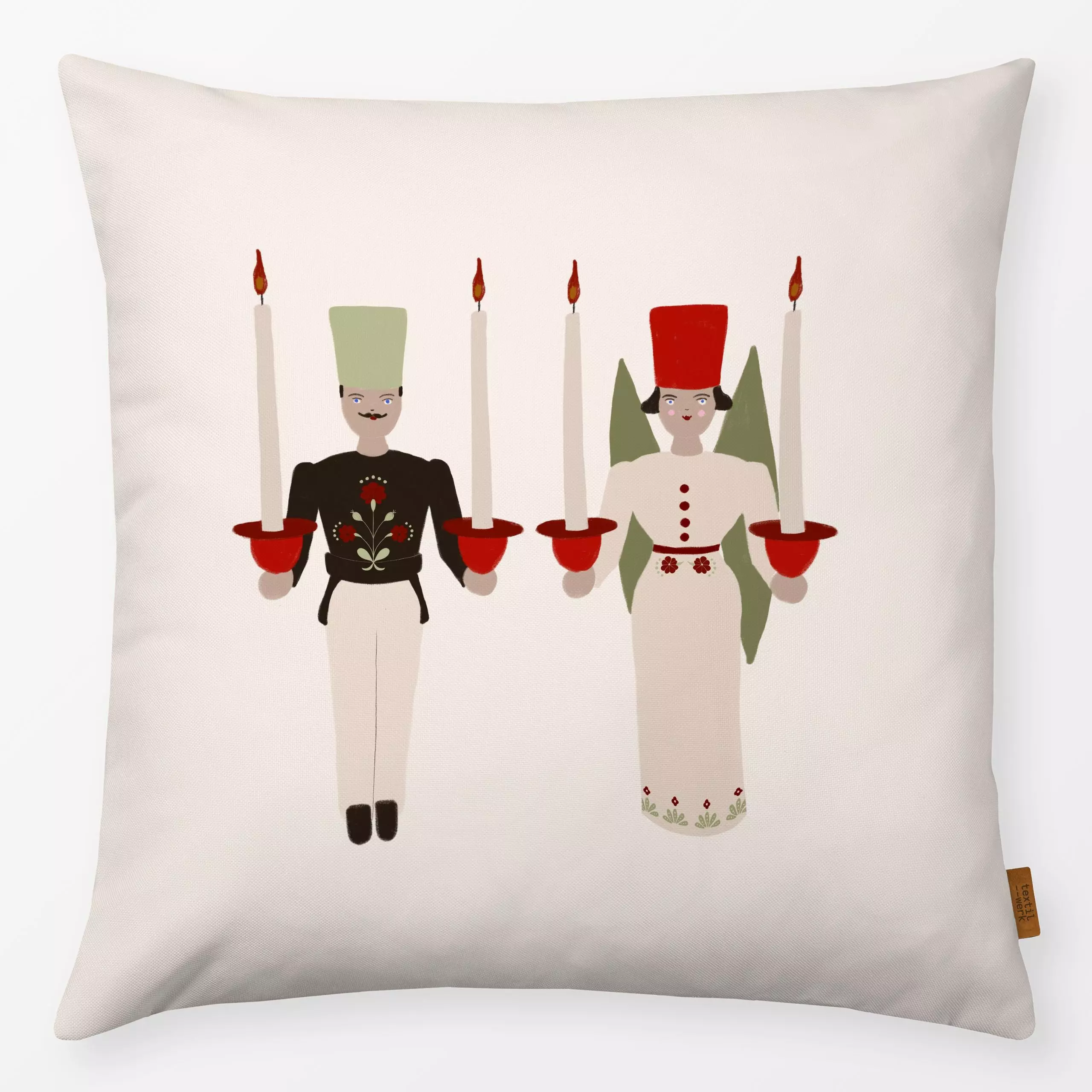 Kissen Engel und Bergmann Beige - Weihnachten, Retro & Vintage - von „Sophie Augustin Illustration"; Weihnachten, weihnachtl...