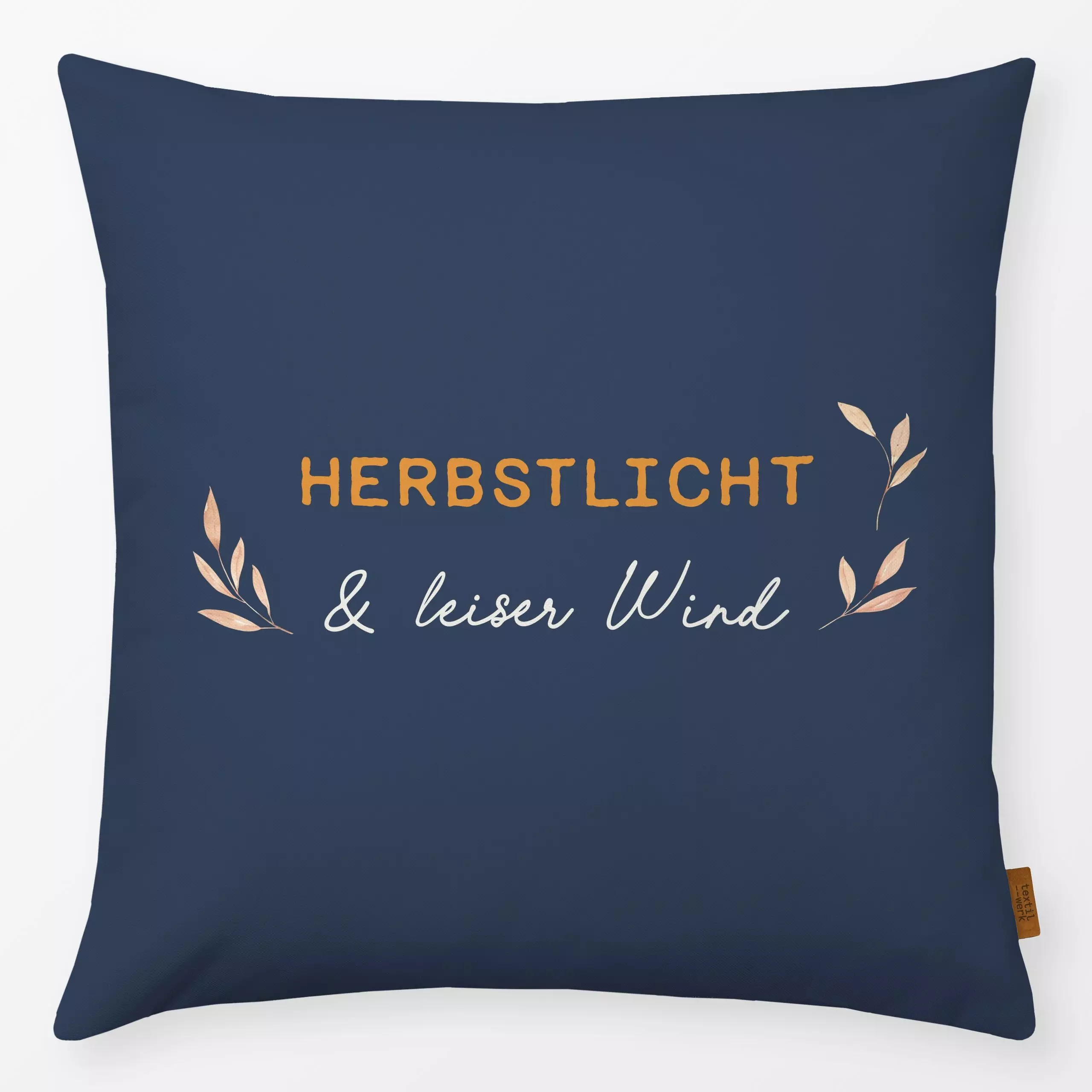 Kissen Herbstlich Wind dunkelblau - Blumen & Florales, Herbst, Sprüche & Schriftzüge - von „Katrin Graff"; Blätter, Herbst, ...
