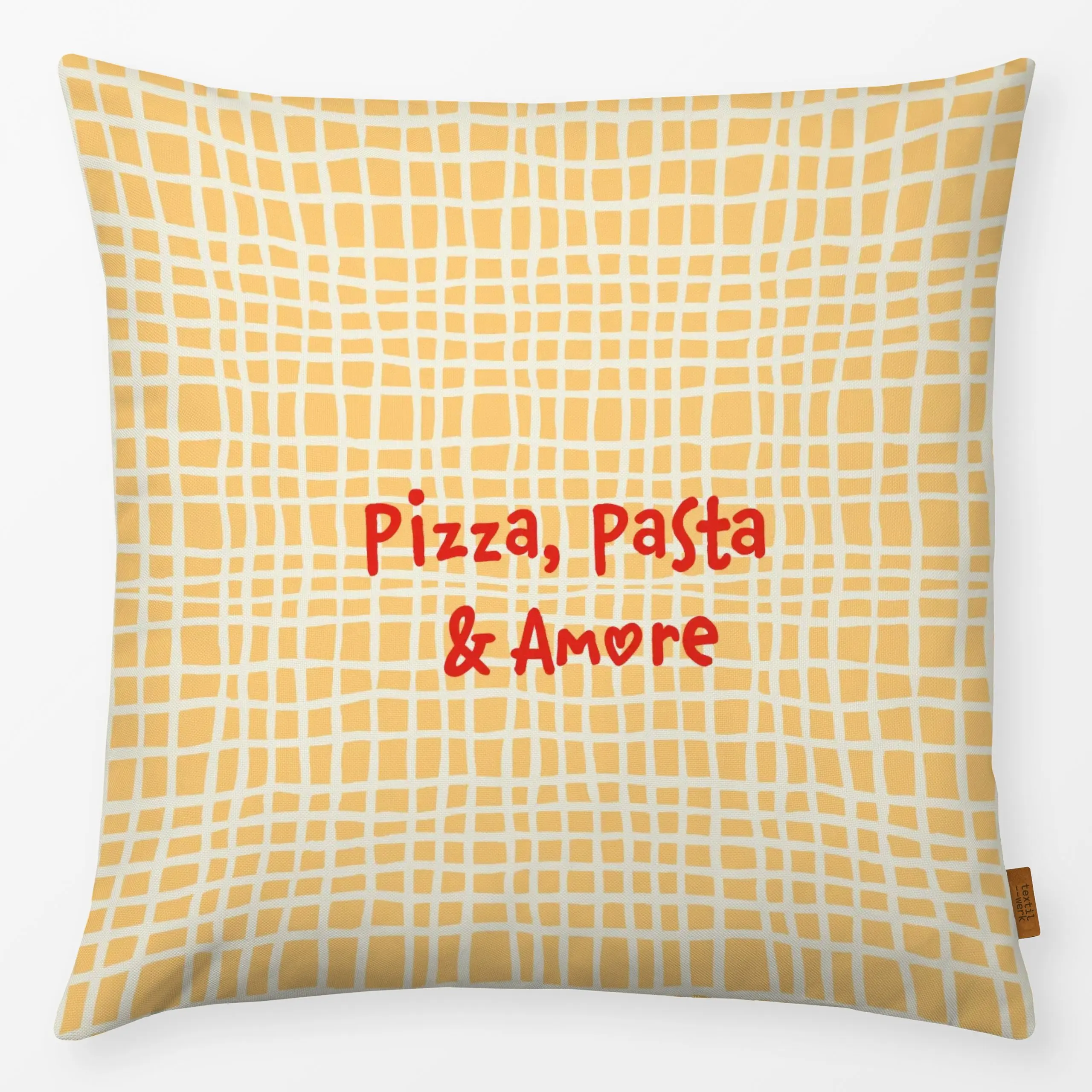 Kissen Pizza-Pasta-et-Amore-gelb - Sprüche & Schriftzüge, Küche, Essen & Trinken - von „Malou Studio"; Linien, kleingemuster...