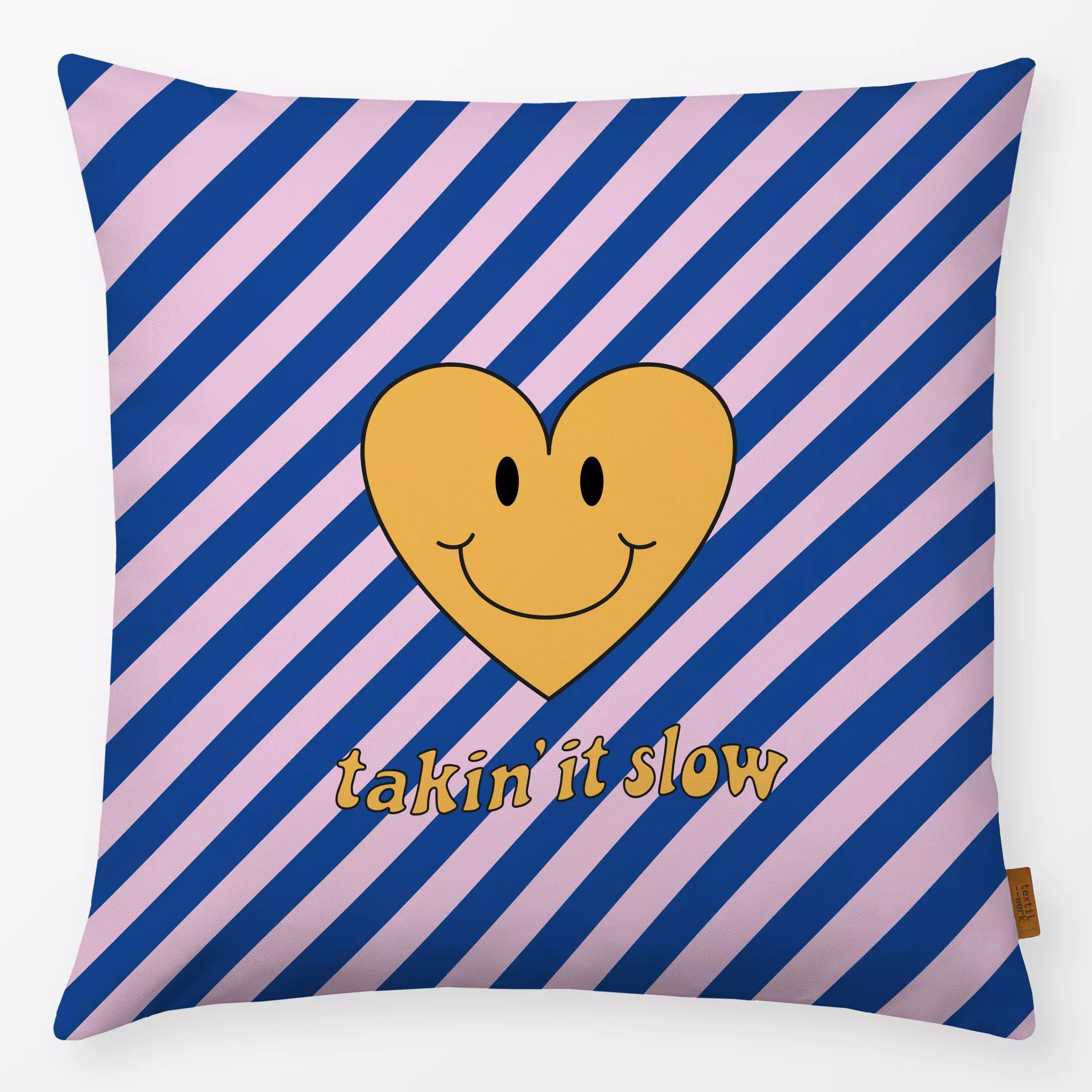 Kissen Takin' it slow - smiling heart - Retro & Vintage - von „Verena Klöpper"; Retro, vintage, Herz, stripes, Heart, Smiley