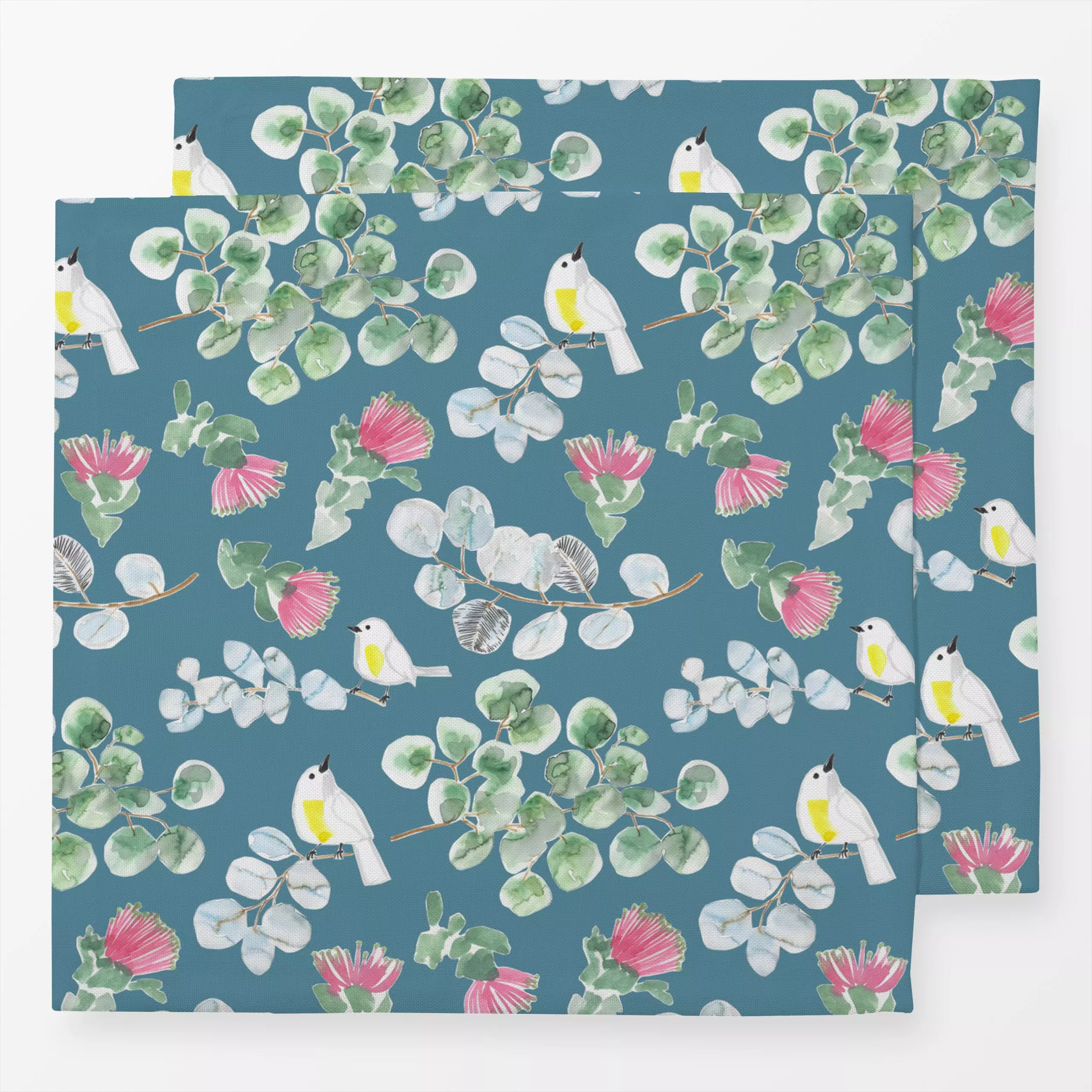 Servietten Hello Australia - Blumen & Florales, Frühling, Tiere - von „Julia Schumacher"; Blätter, Zweige, Blüten, Vogel, fl...