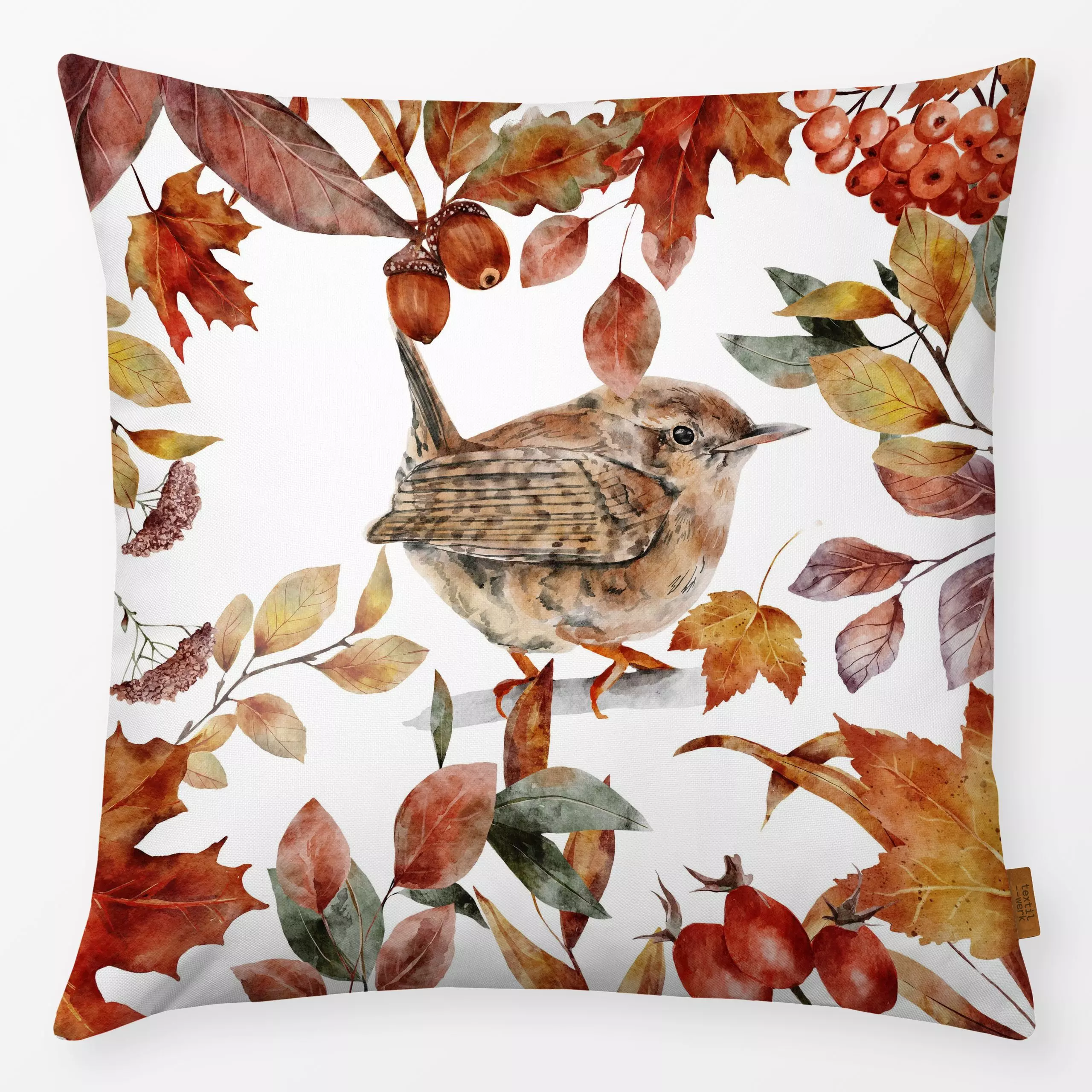 Kissen Goldener Herbst Spatz - Tiere, Pflanzen & Botanik - von „Uta Naumann"; Wasserfarben, Natur, Beeren, Wildtiere, floral...