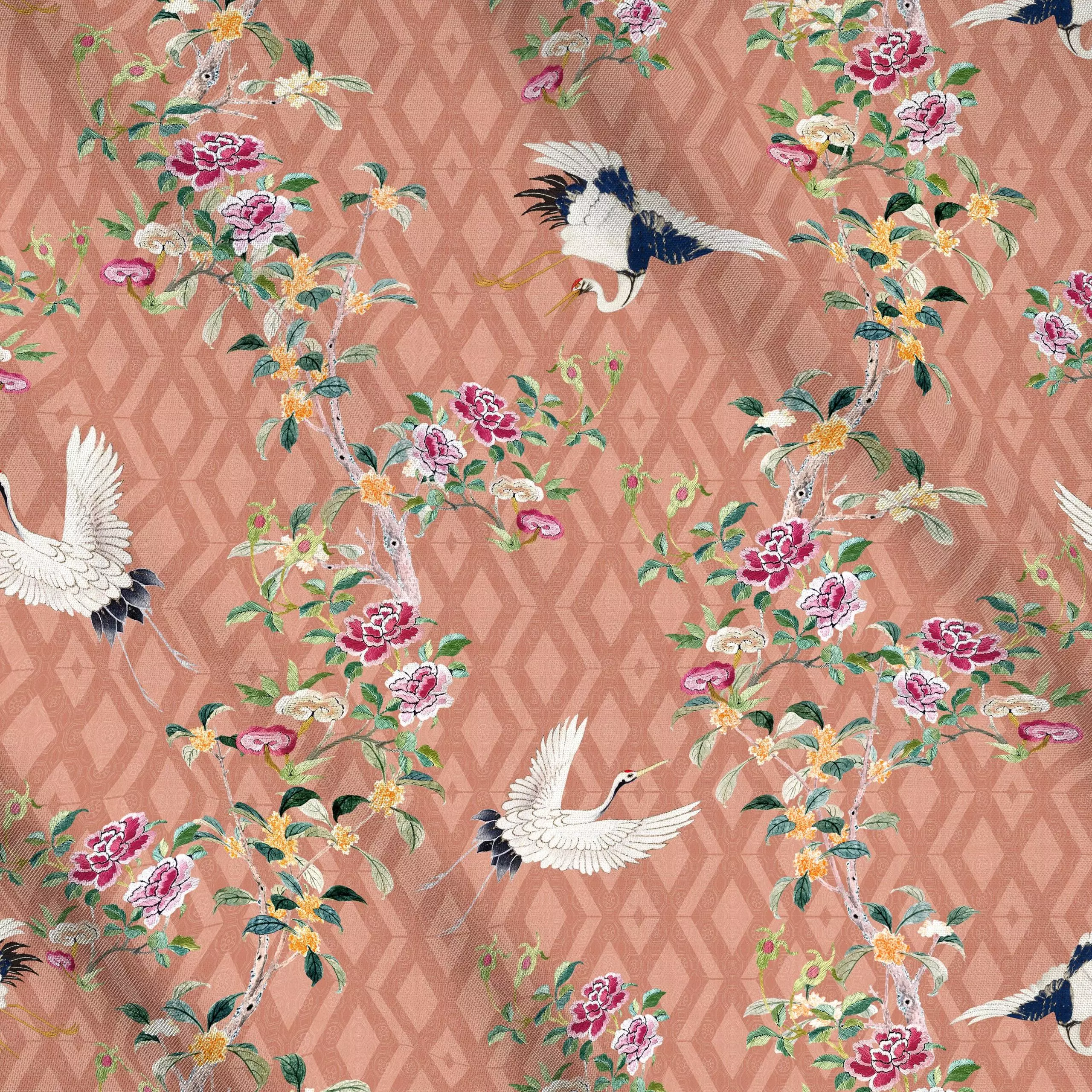 Meterware Chinoiserie Vögeln terracotta, Blumen, Tiere, gemustert, von Bloomery Decor