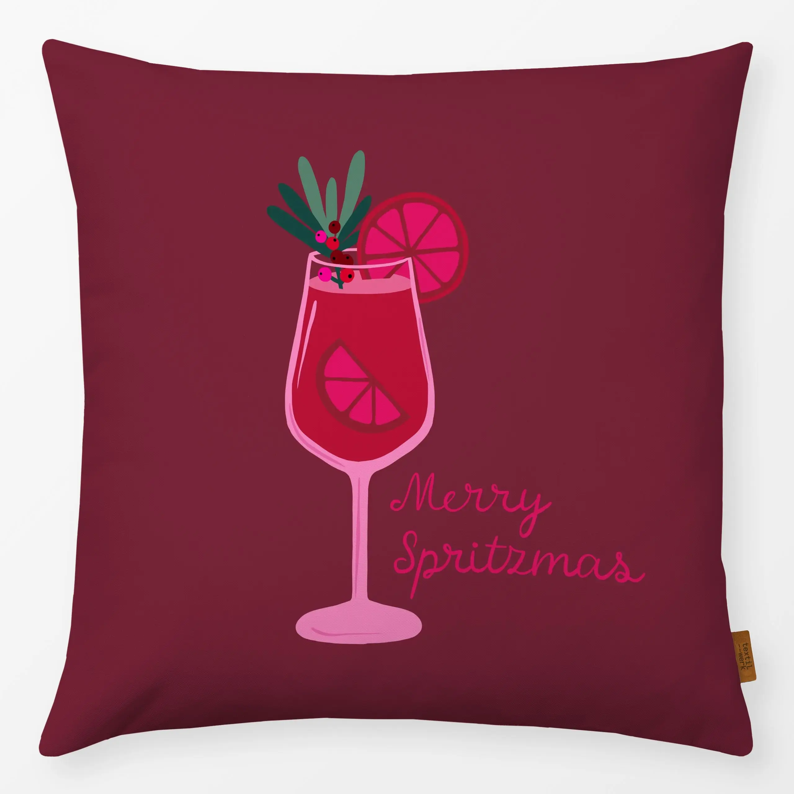 Kissen Merry Spritzmas rot - Weihnachten, Winter, Küche, Essen & Trinken - von „Studio Kesse"