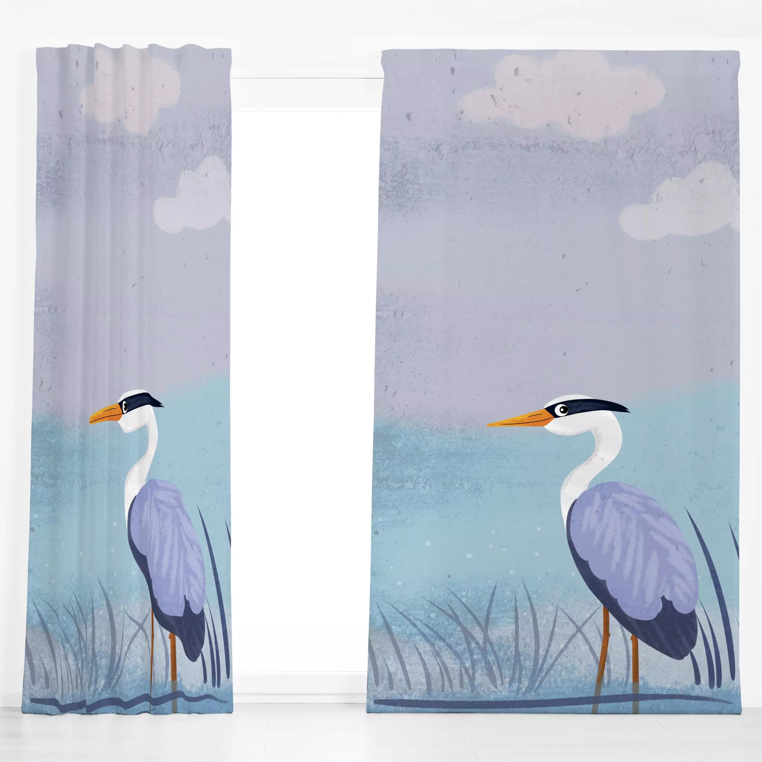 Dekovorhang Reiher - Natur & Landschaft, Tiere - von „Julia Reyelt"; Natur, Illustration, Farbverläufe, Wolken & Himmel, Vog...