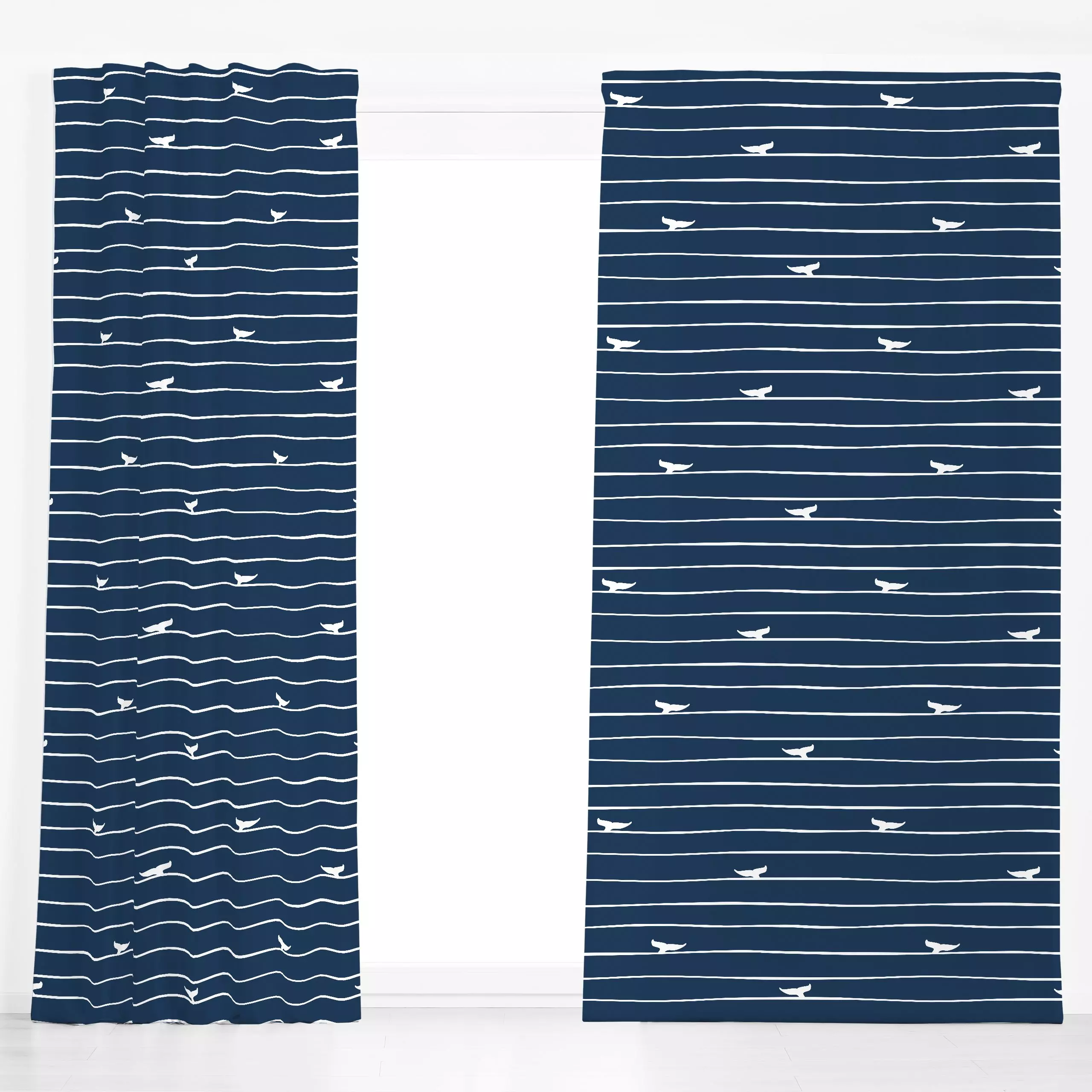 Dekovorhang Fluke blau - Kinderzimmer & Motive für Kinder, Sommer - von „Katrin Graff"; Wasser, Meer, Strand, Wal, Meerestie...
