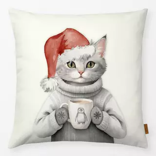 Kissen Winter Party - Katze mit Tasse