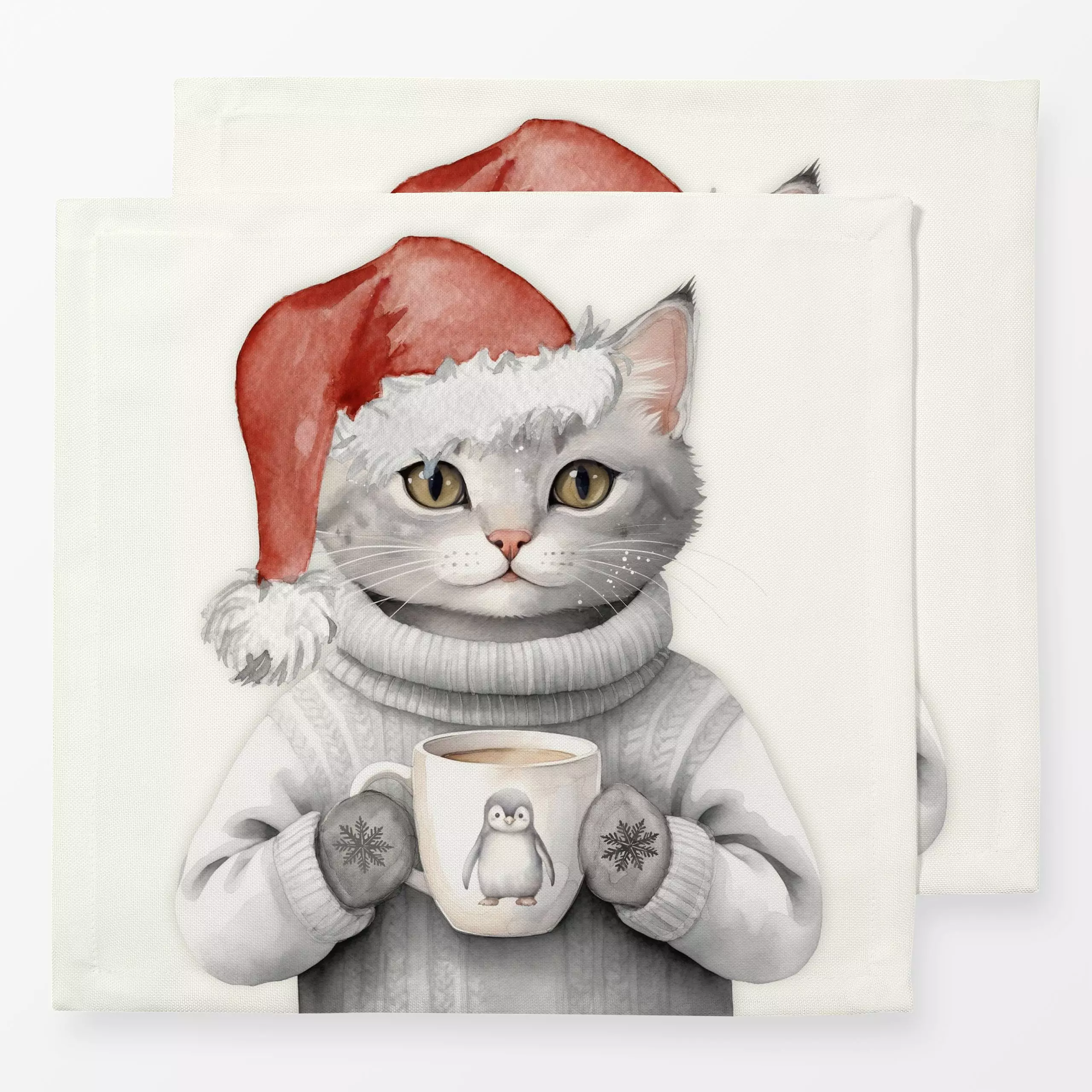 Servietten Winter Party - Katze mit Tasse - Tiere, Weihnachten, Winter - von „Monika Strigel"; Pinguin, Weihnachtsmann, Weih...