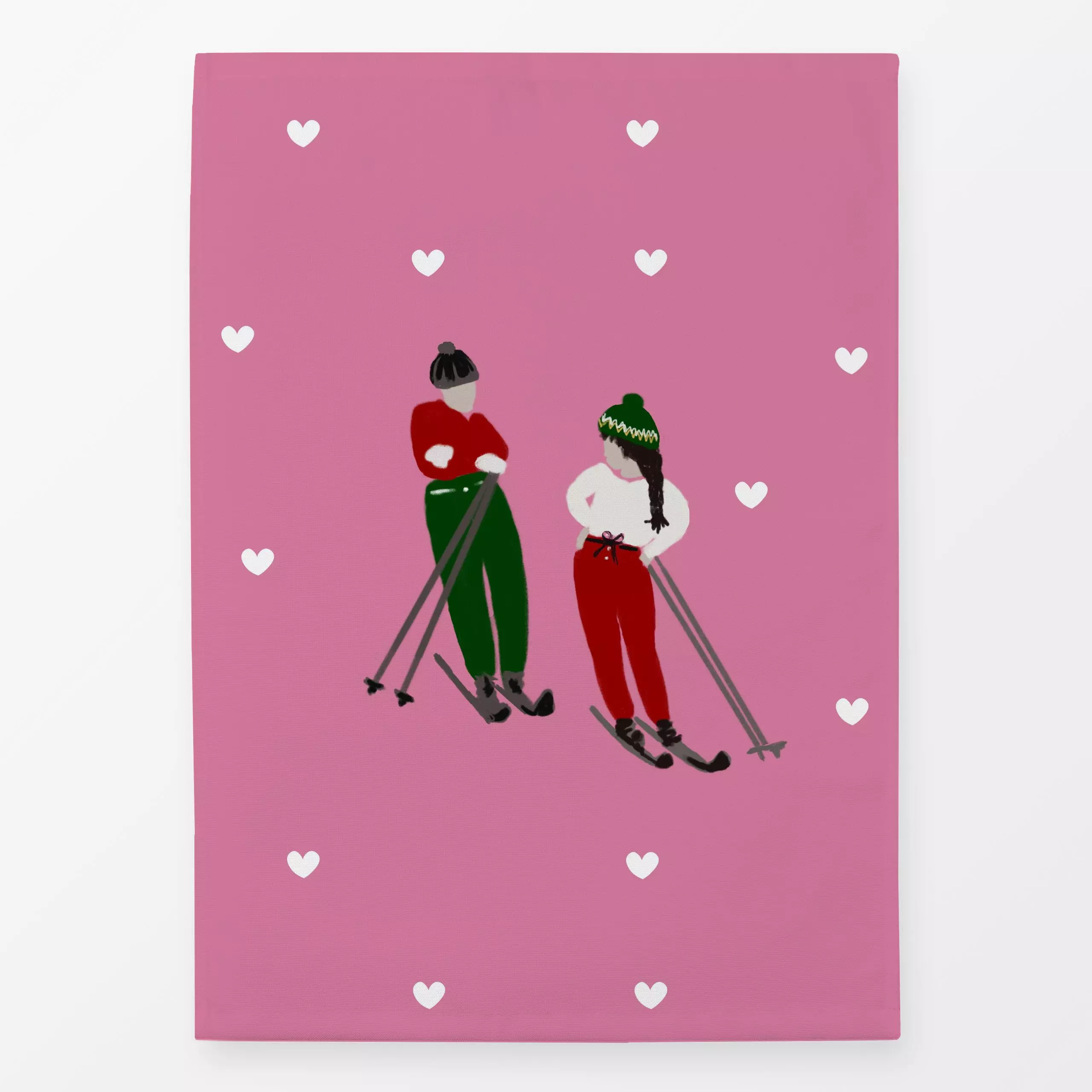 Geschirrtücher Skifahrer Paar Auf Pink - Liebe, Romantik & Pride, Weihnachten, Winter - von „Alisa Knöß"; Herzen, Weihnachts...