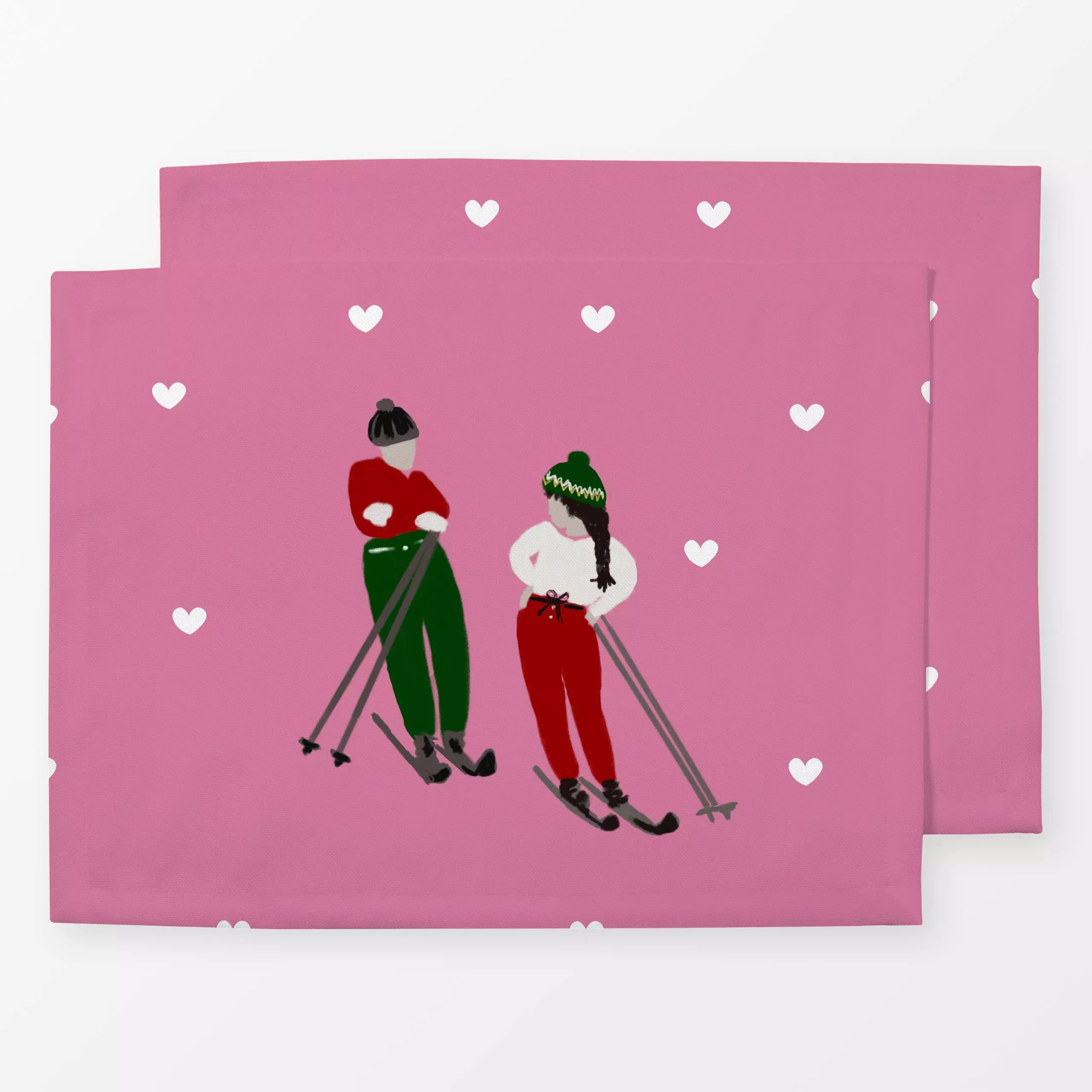 Tischset Skifahrer Paar Auf Pink - Liebe, Romantik & Pride, Weihnachten, Winter - von „Alisa Knöß"; Herzen, Weihnachtsdeko, ...
