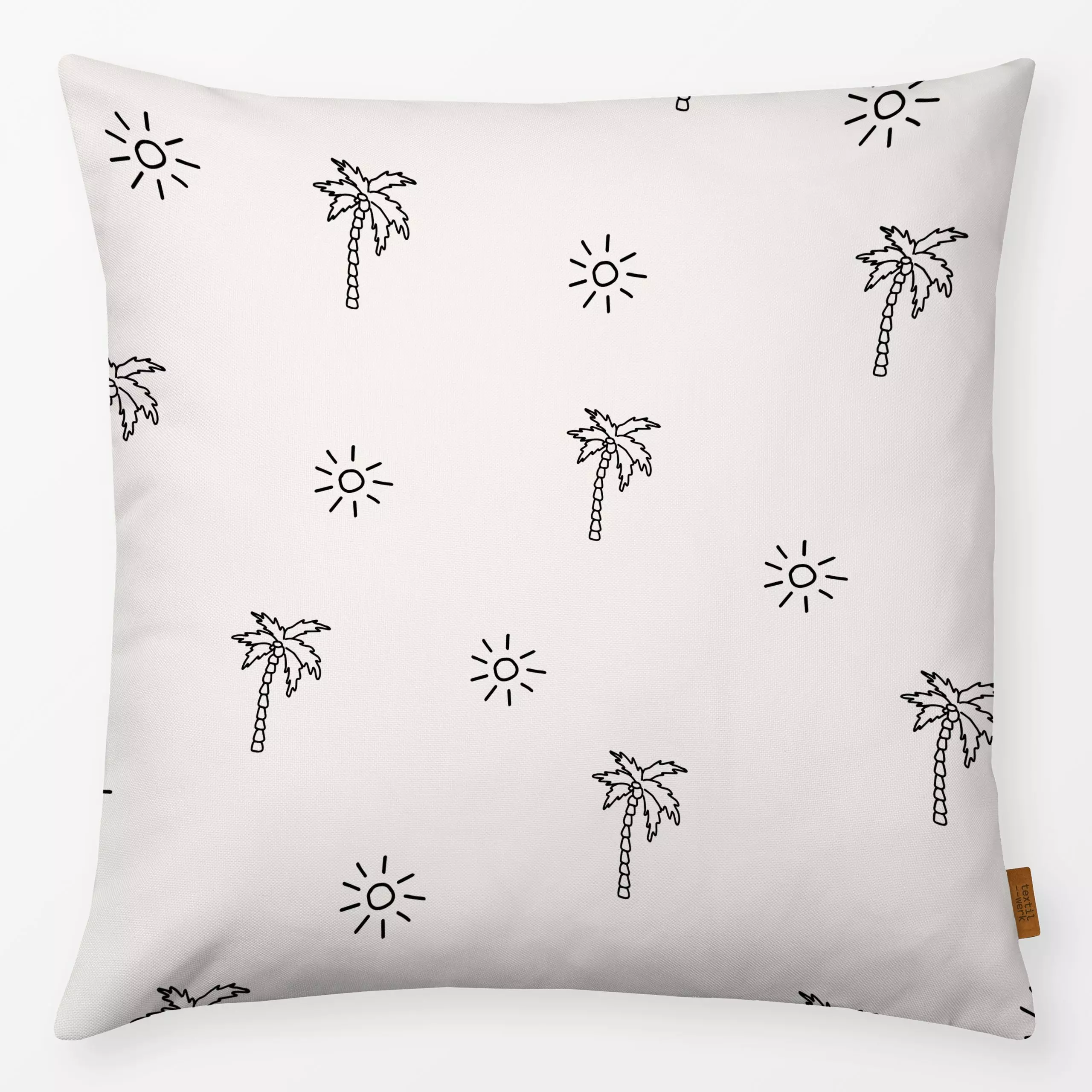 Kissen Little Palmtrees Schwarz - Sommer, Symbole & Muster - von „textilwerk"; Muster, Palmen, Sonne, beige, Sommer, summer,...