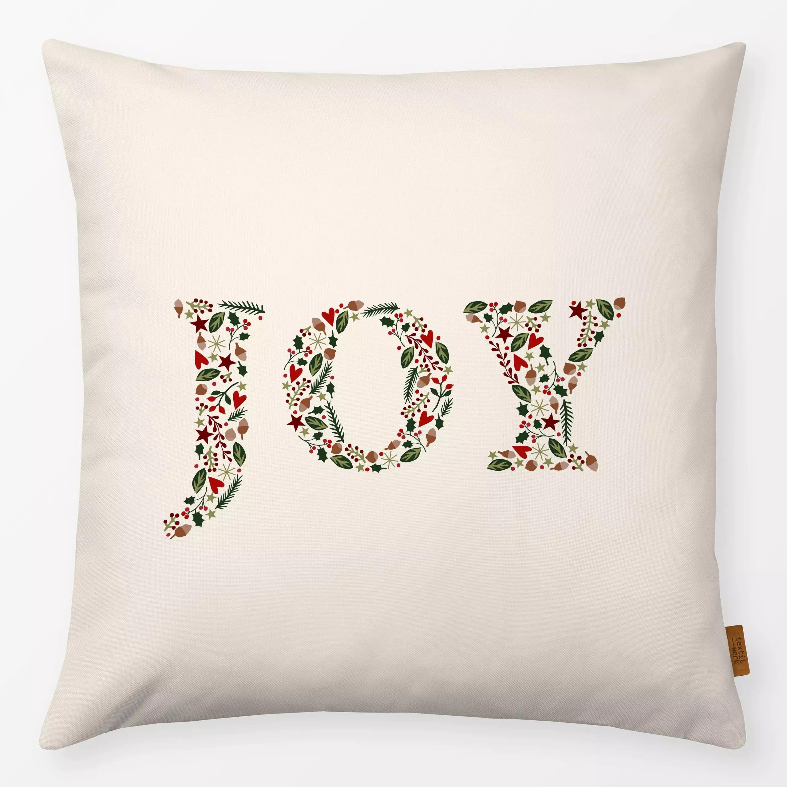 Kissen Joy - Weihnachten, Winter - von „Kerstin Ax"; Weihnachten, Winter, Mistelzweig, weihnachtlich, Eicheln, Tannen, JOY, ...
