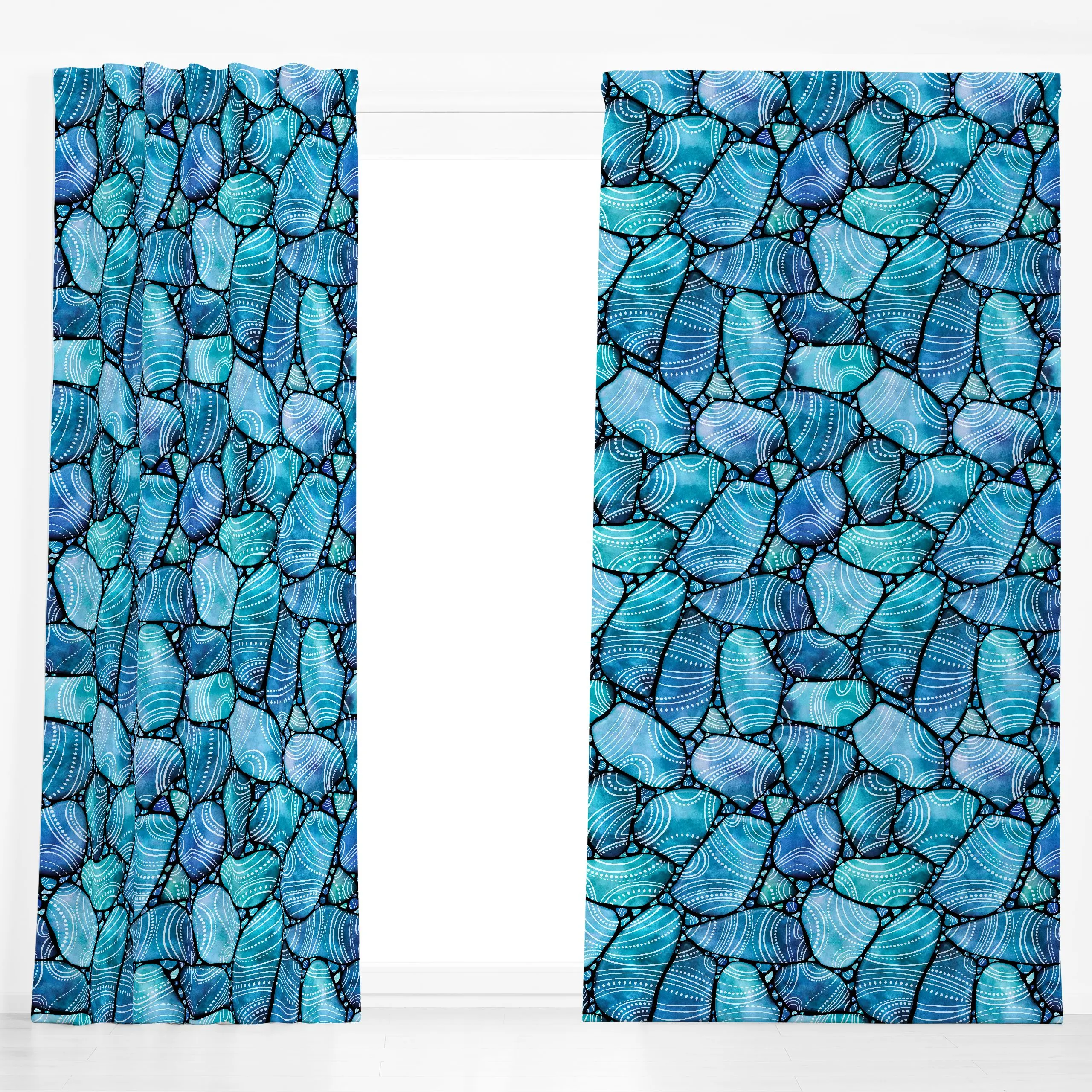 Dekovorhang Strandglas Doodles Blau - Sommer, Symbole & Muster - von „Andrea Haase"; Aquarell, Ozean, Urlaub, Malerei, blaug...