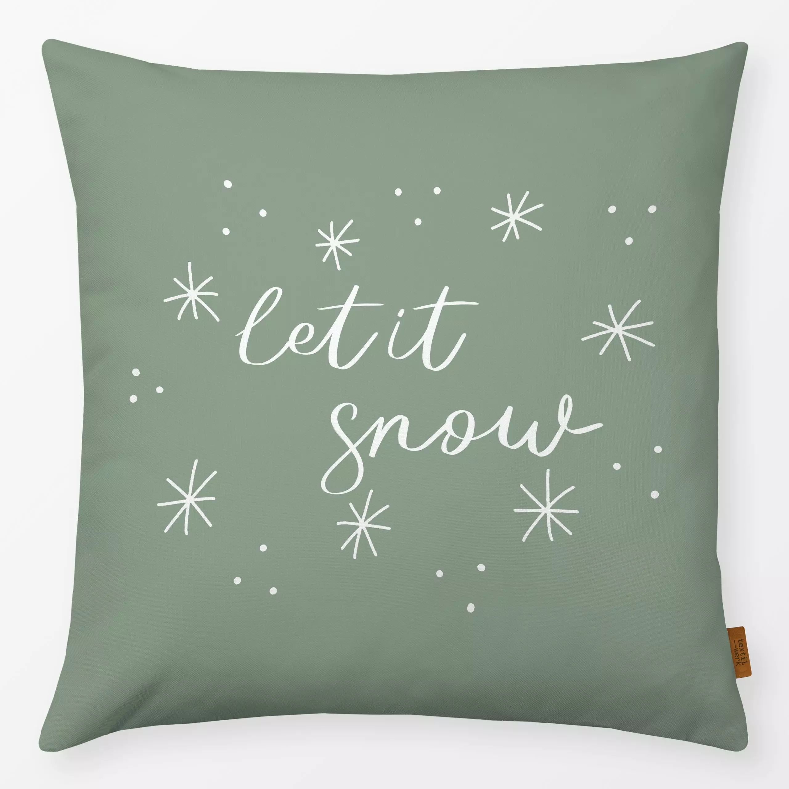 Kissen Let It Snow hellgrün - Sprüche & Schriftzüge, Weihnachten - von „Studio Kesse"; Schneeglöckchen, Schneeflocken, Weihn...