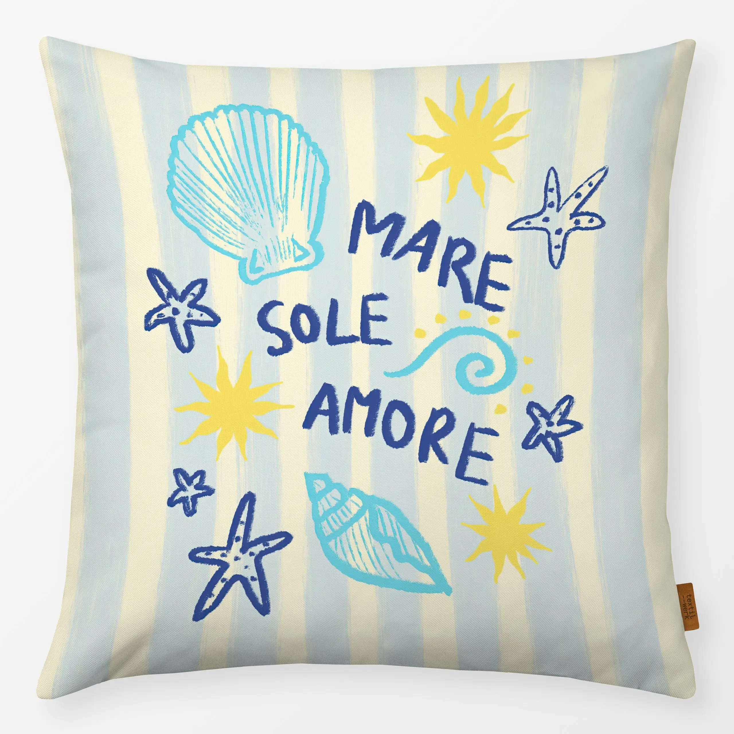 Kissen Mare Sole Amore Streifen - Sommer, Sprüche & Schriftzüge - von „Studio Dolci"; Meer, Sommer, Urlaub, Liebe, Muscheln,...