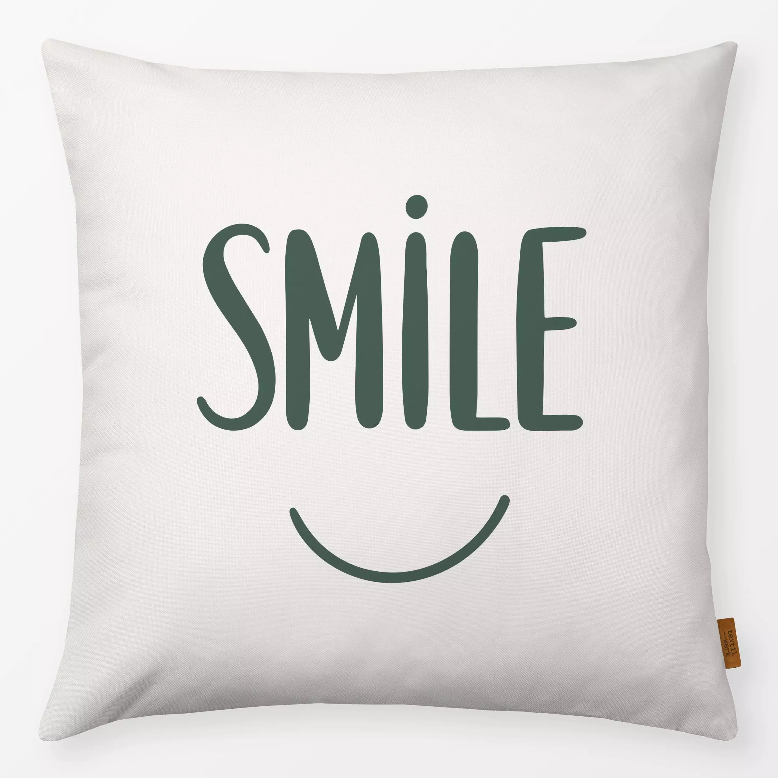 Kissen Smile beige grün - Sprüche & Schriftzüge - von „Kathrin Woo"; modern, typografie, Spruchkissen, fun, Handlettering, s...