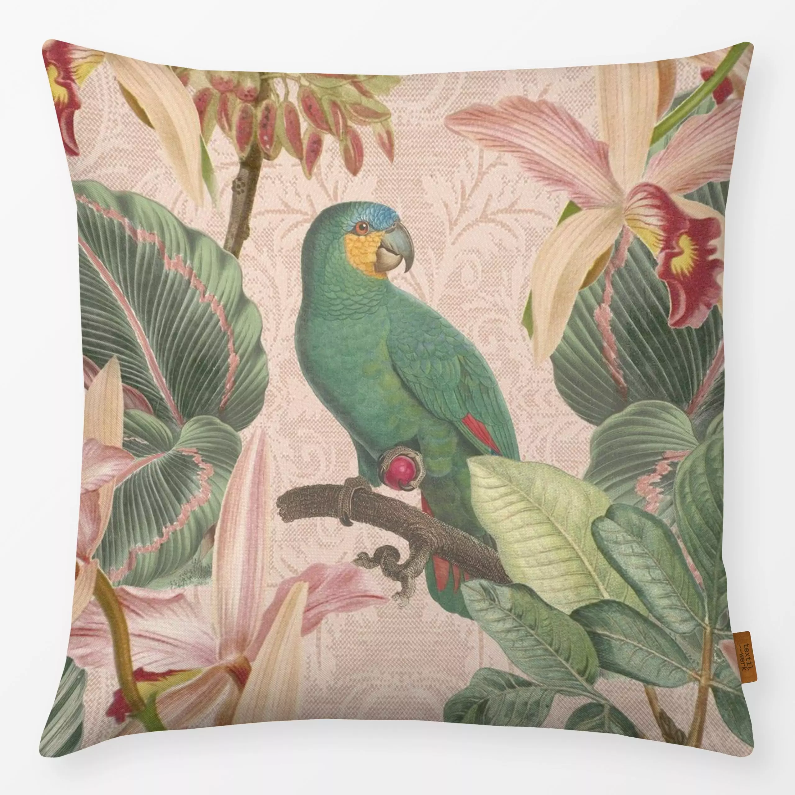 Kissen Vintage Dschungel Vögel Pink - Blumen & Florales, Tiere - von „Bloomery Decor"; Papagei, tropisch, exotisch, Botanica...