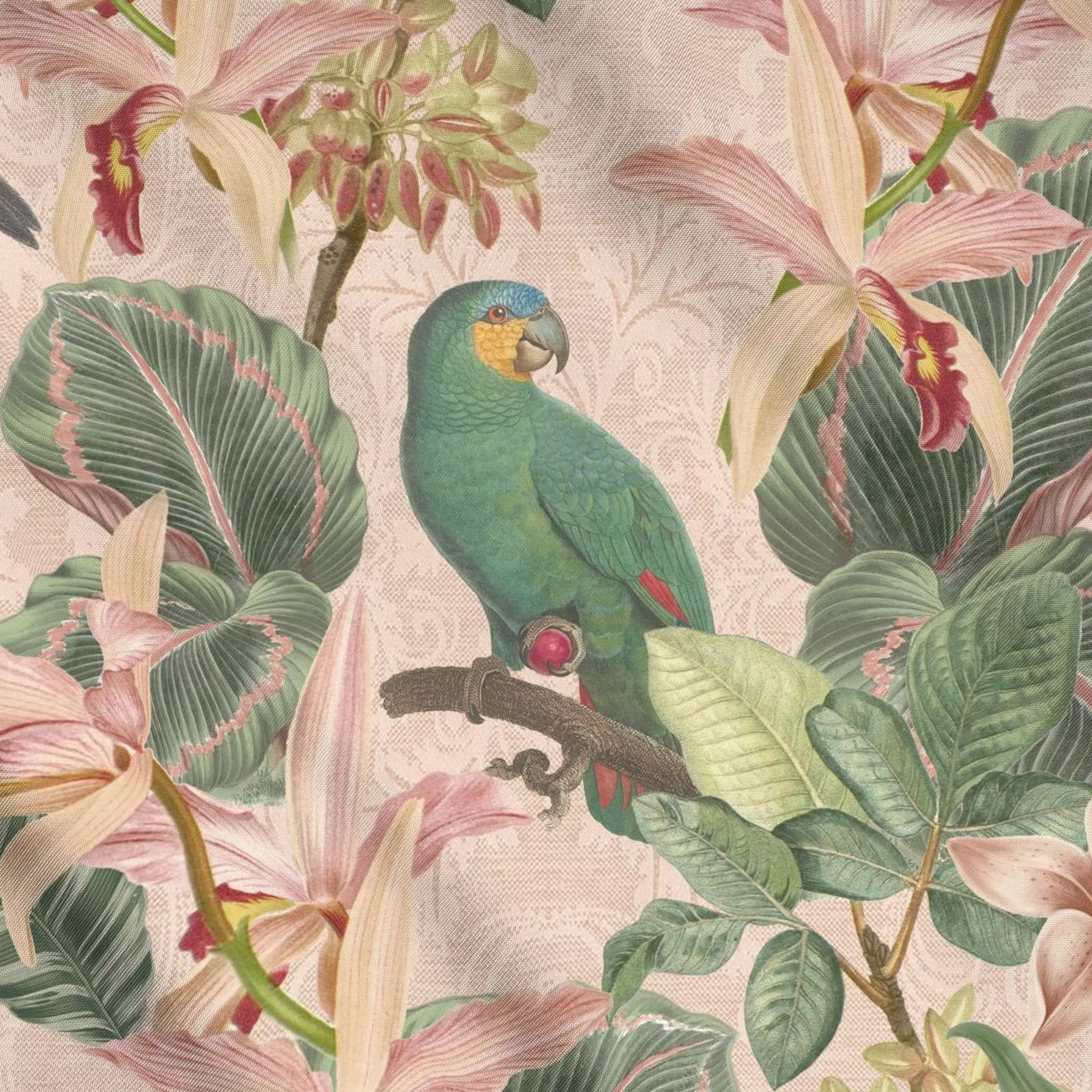 Meterware Vintage Dschungel Vögel Pink - Blumen & Florales, Tiere - von „Bloomery Decor"; Papagei, tropisch, exotisch, Botan...