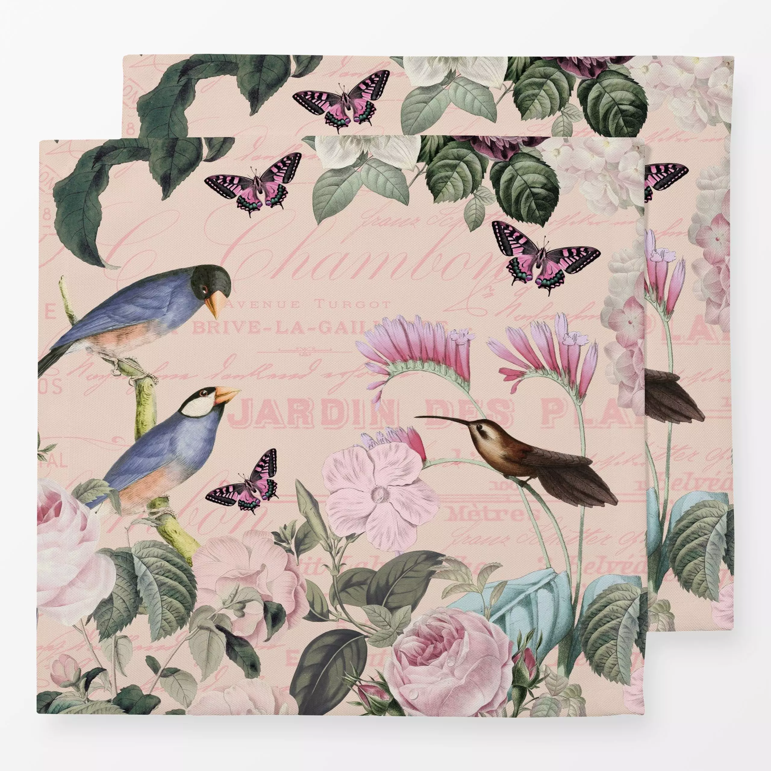 Servietten Pink Bird Romance - Tiere, Pflanzen & Botanik - von „Andrea Haase“; Blumen, Rosen, Sommerblumen, vintage, Schmett...
