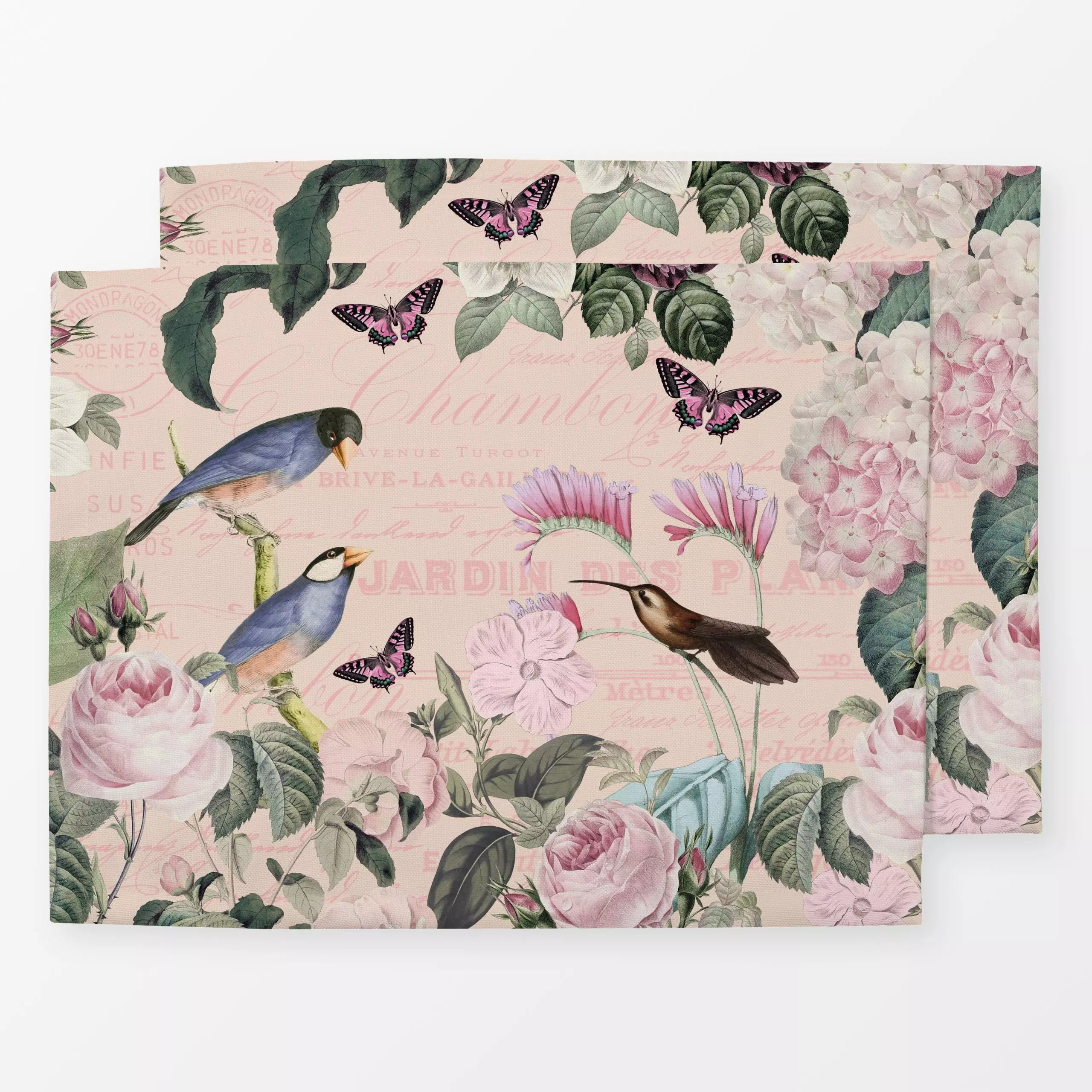 Tischset Pink Bird Romance - Tiere, Pflanzen & Botanik - von „Andrea Haase"; Blumen, Rosen, Sommerblumen, vintage, Schmetter...