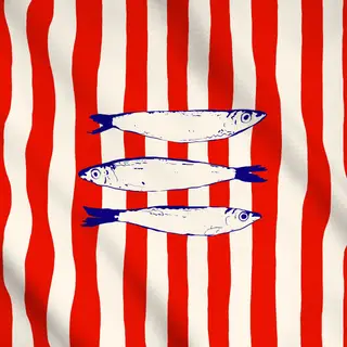 Meterware Santorini Fish on Red Stripes