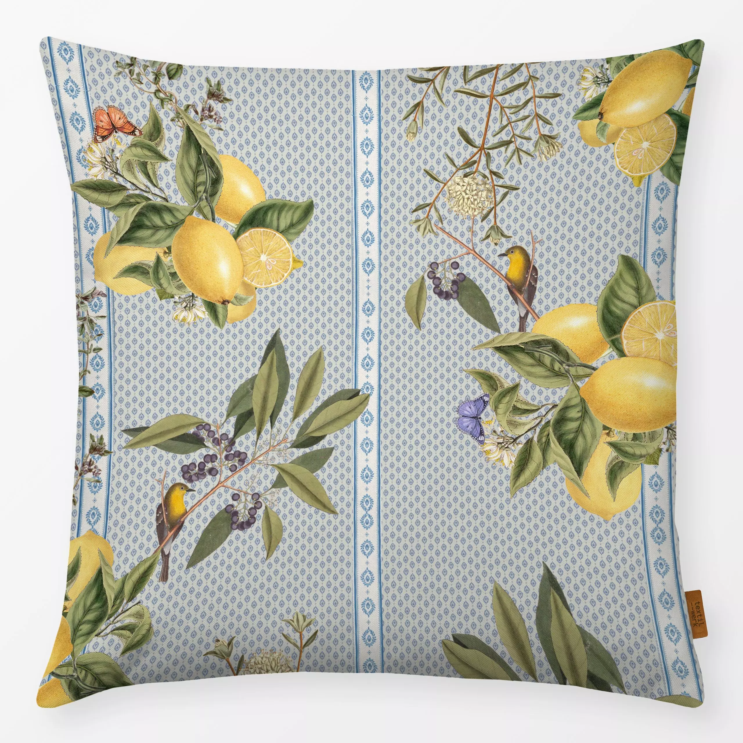 Kissen Provence lemons and birds 1 - Symbole & Muster, Retro & Vintage - von „Bloomery Decor"; Muster, Streifen, Sommerblume...