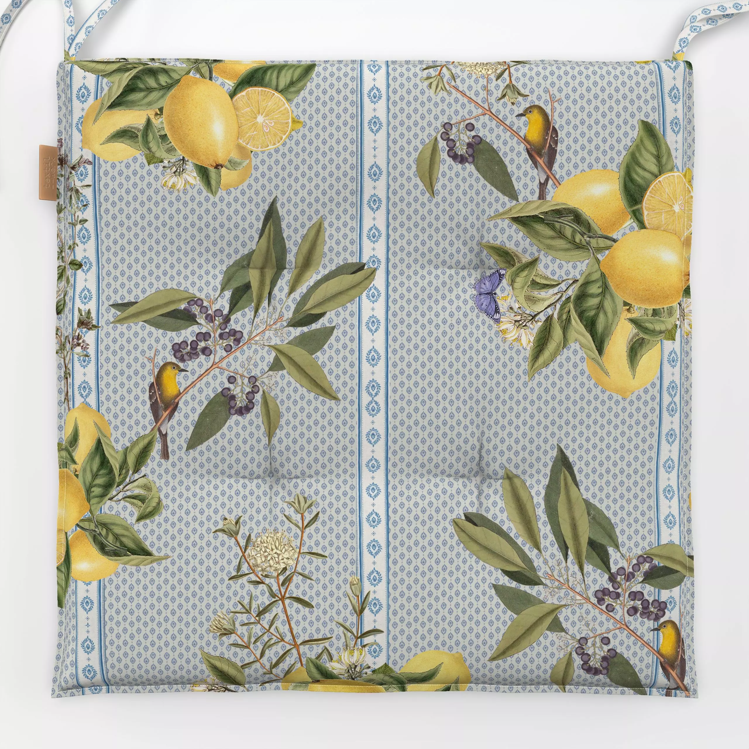 Sitzkissen Provence lemons and birds 1 - Symbole & Muster, Retro & Vintage - von „Bloomery Decor"; Muster, Streifen, Sommerb...