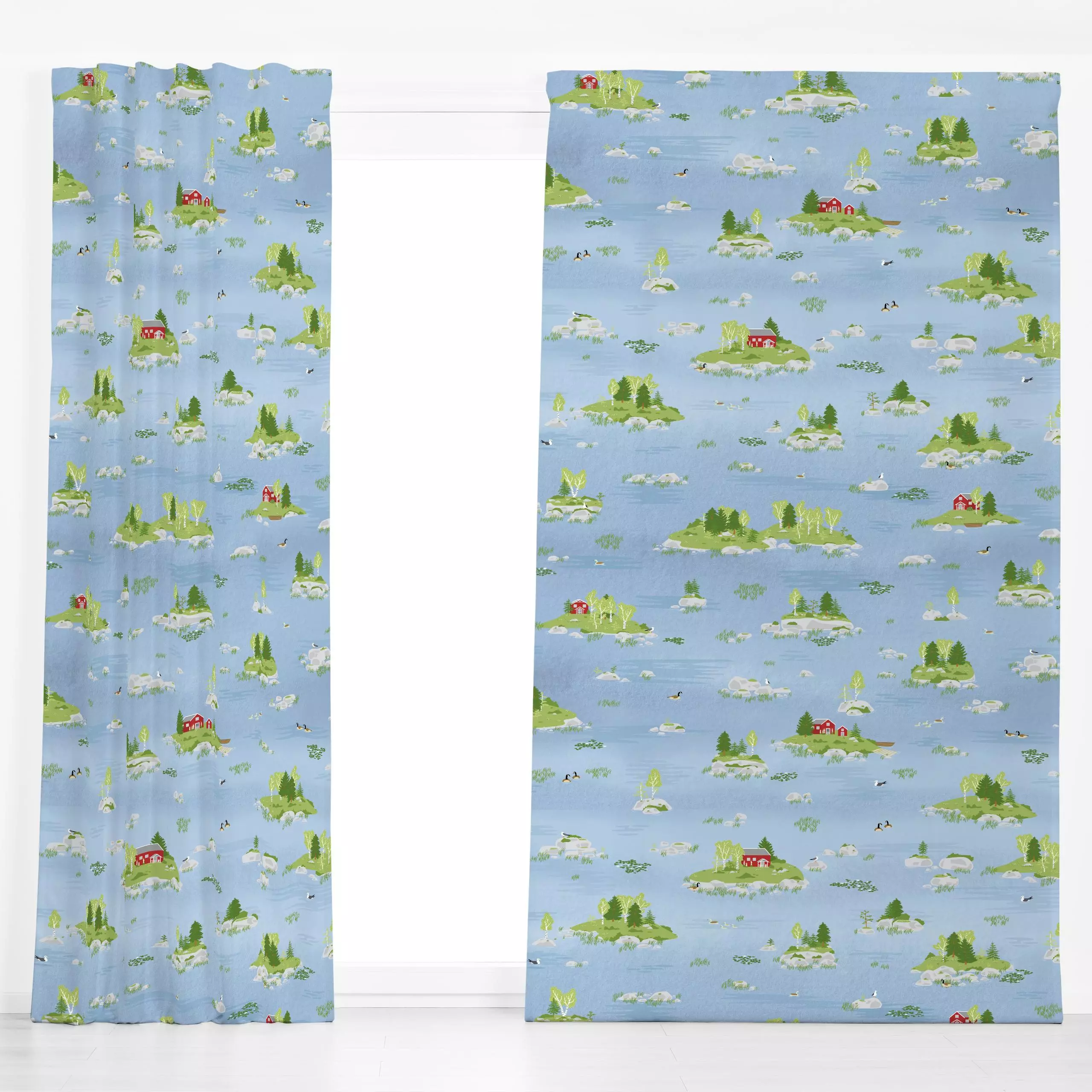 Dekovorhang Schwedische Inselchen - Natur & Landschaft, Sommer - von „Linava"; Bäume, See, Insel, Sommer, Schweden, Holzhaus...