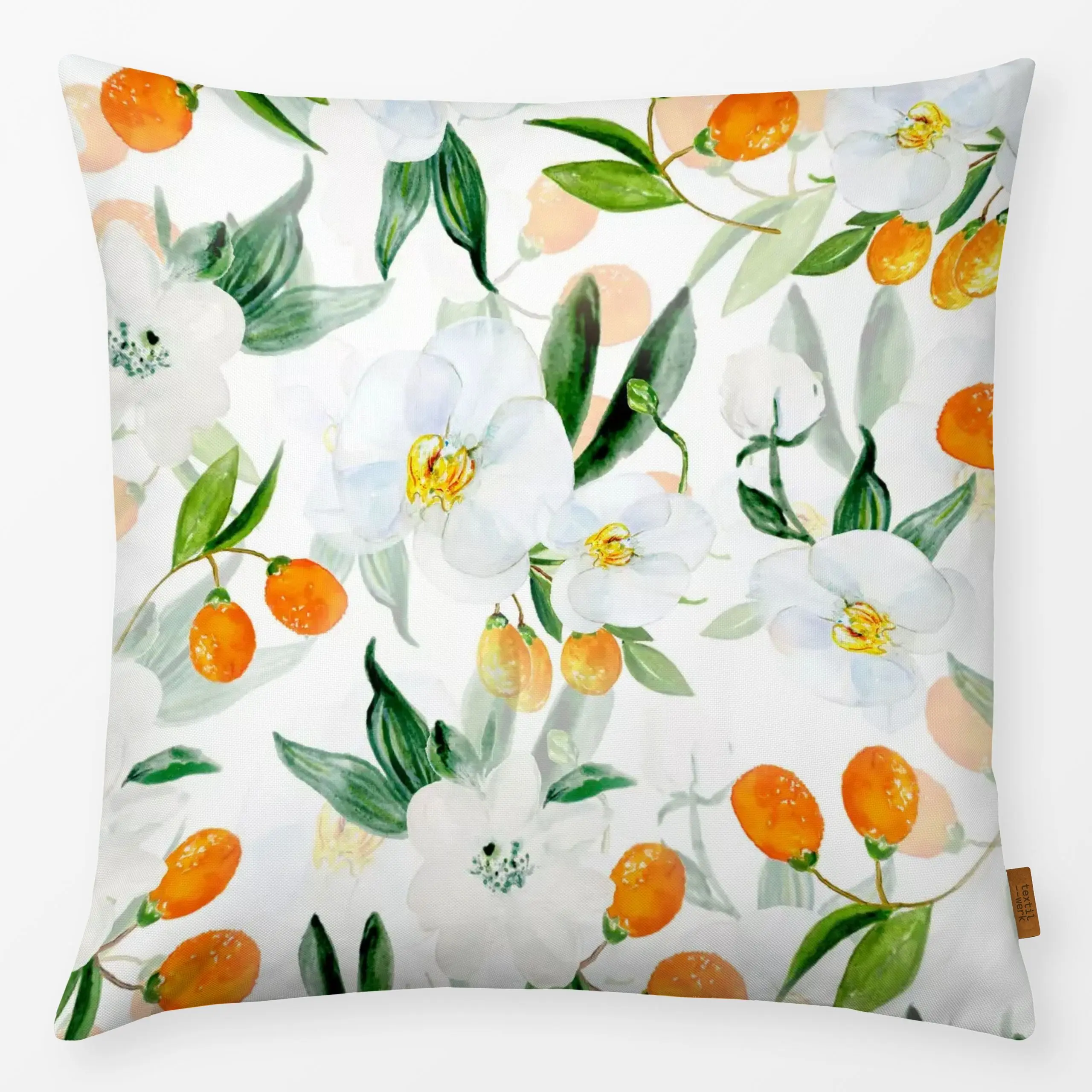 Kissen Kumquat Früchte und Blüten - Blumen & Florales, Sommer - von „Uta Naumann"; Frucht, Obst, Wasserfarben, Blumen, Blüte...