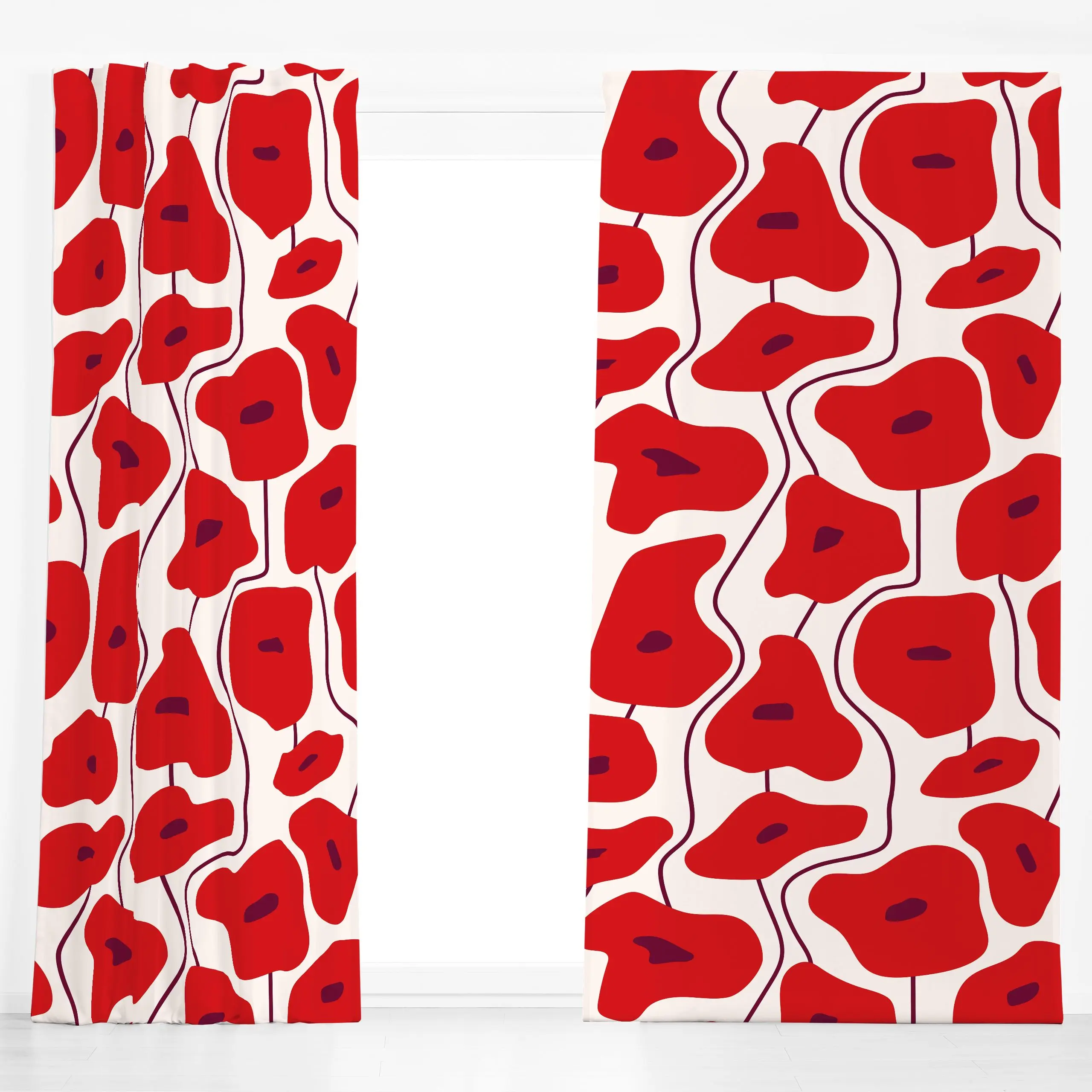 Dekovorhang Poppy Pattern Red - Blumen & Florales, Herbst, Symbole & Muster - von „Jana Moßmann"; Retro, pattern, wild, fiel...