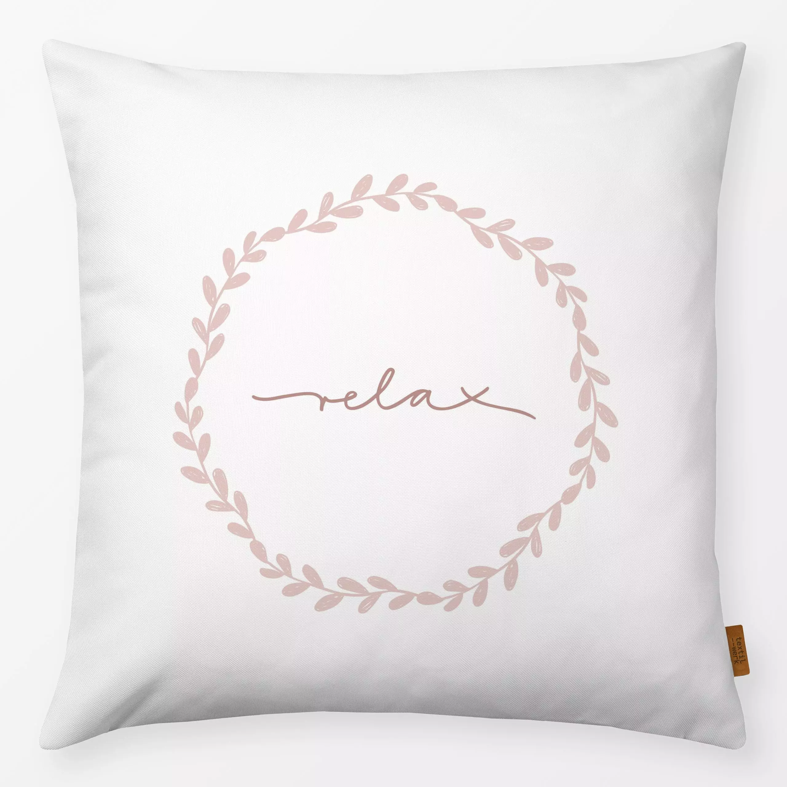 Kissen Relax rose - Sprüche & Schriftzüge - von „Kathrin Woo"; rosa, typografie, monochrom, Spruchkissen, Gartendeko, Blumen...