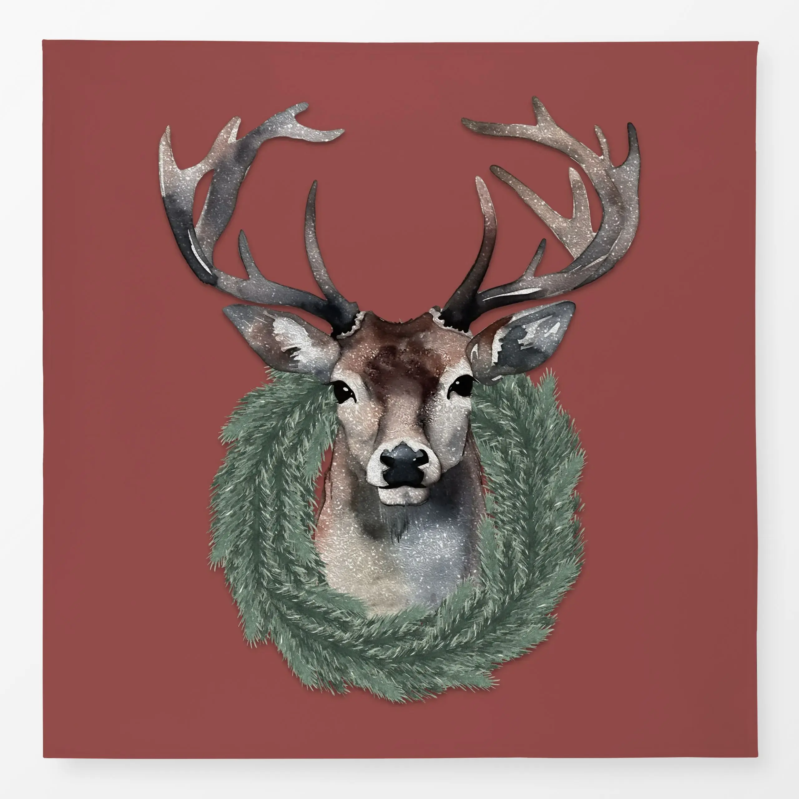 Tischdecke Hirsch mit Kranz Rot - Weihnachten, Winter - von „Monika Strigel"; Weihnachten, Hirsch, landhaus, kranz, weihnach...
