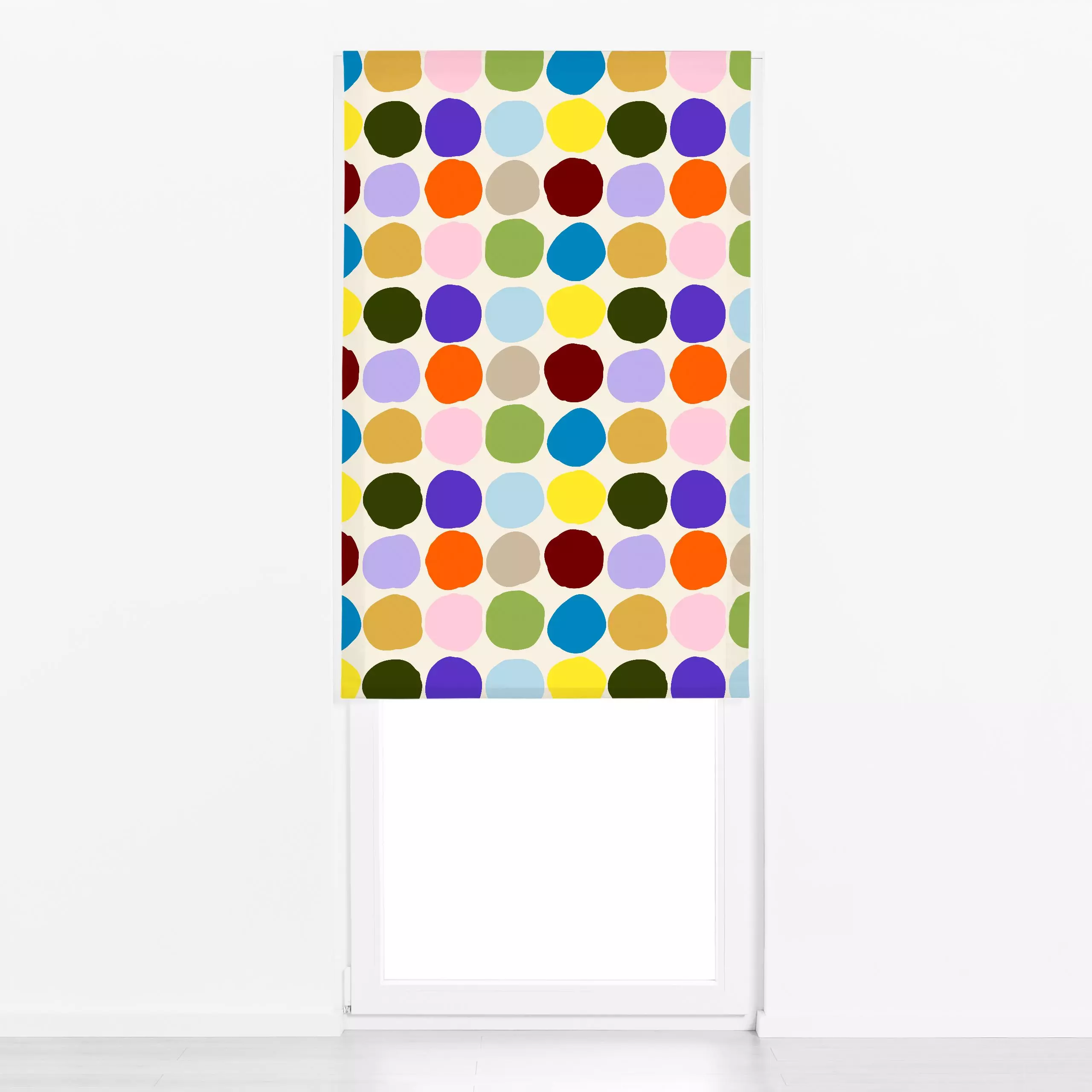 Raffrollo Sommerkleckse 1 - Symbole & Muster - von „Studio Memb"; Muster, minimal, Sommerblumen, Kreise, bunt, farbenfroh, K...