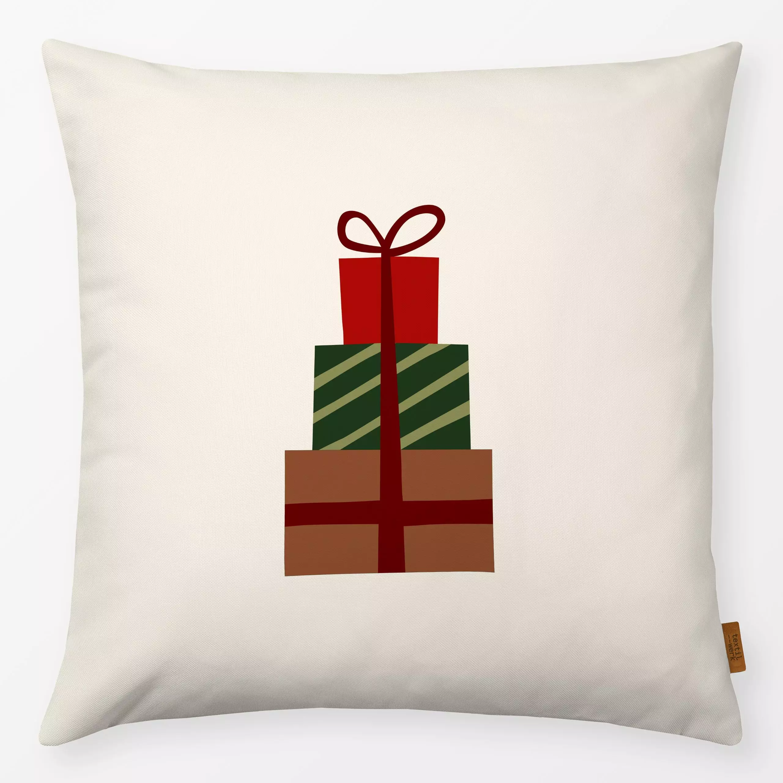 Kissen Geschenkstapel - Weihnachten, Winter - von „Kerstin Ax"; Streifen, Weihnachten, Winter, rot, schleife, braun, geschen...