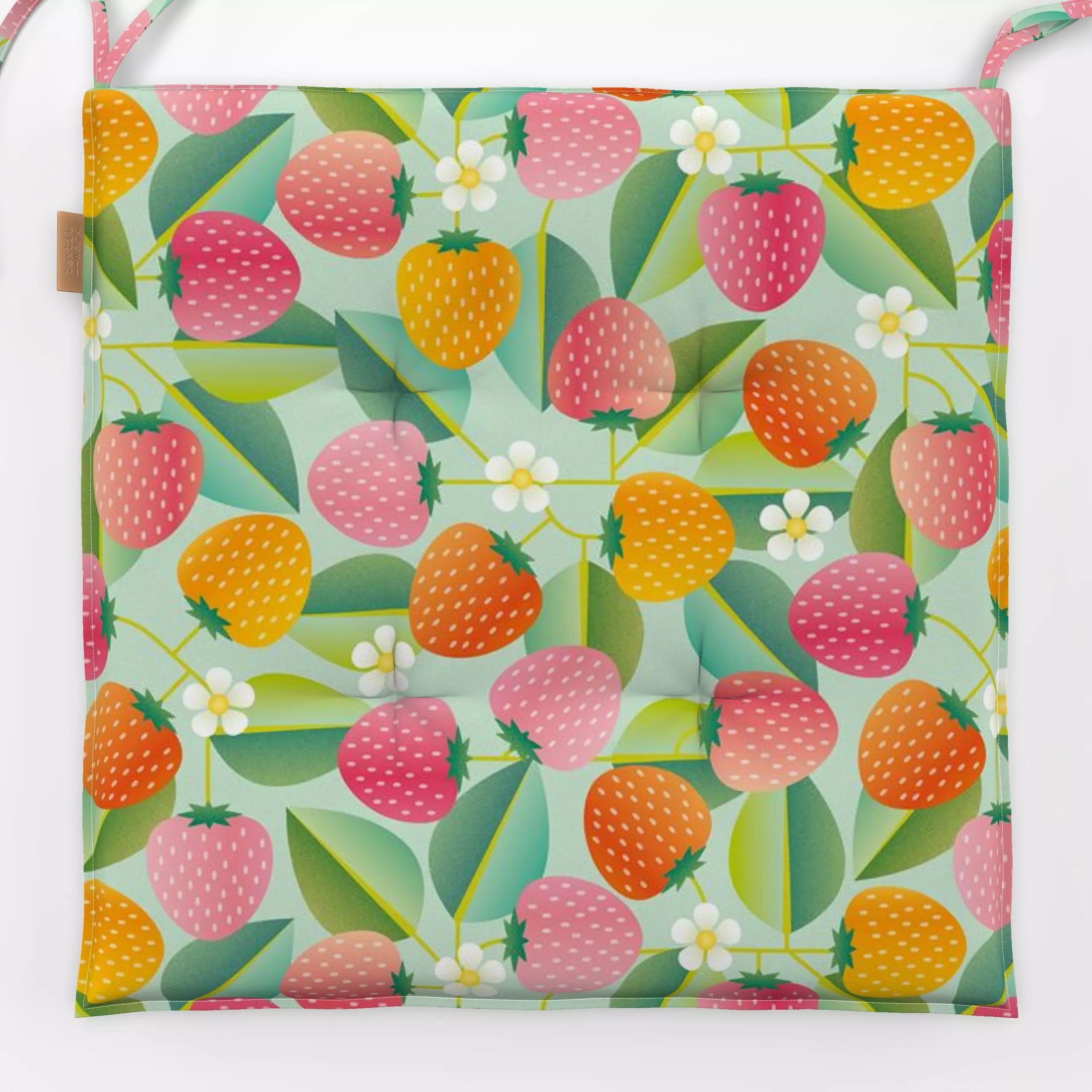 Sitzkissen Stilisierte Erdbeeren - Sommer - von „Heleen van Buul"; Frucht, Obst, Muster, Blatt, Blumen, Erdbeeren, Sommer