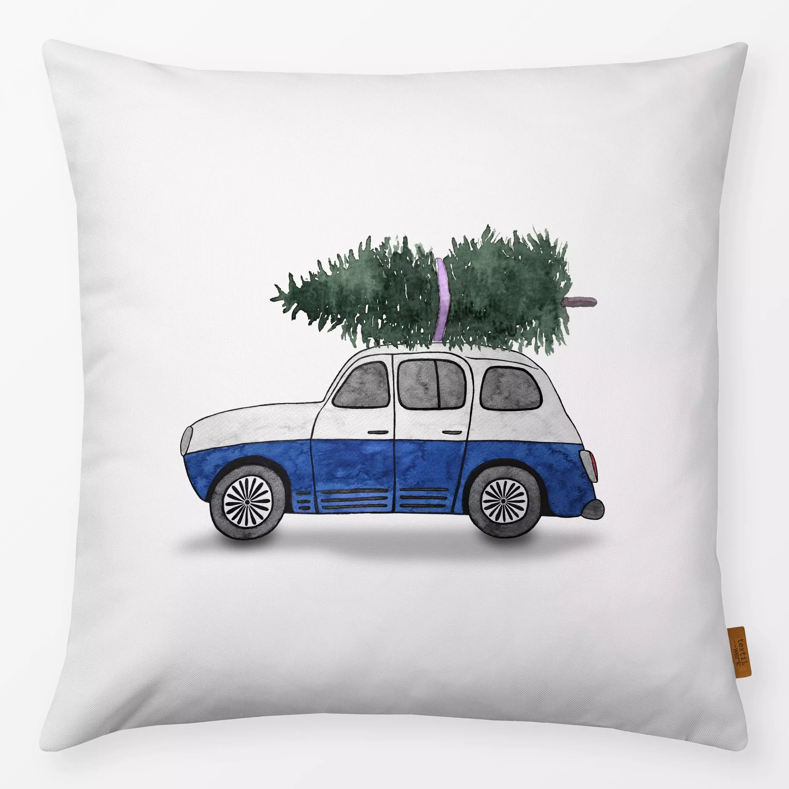 Kissen Weihnachtsauto mit Tanne blau - Weihnachten, Winter, Anlässe - von „Karen Menzenbach"; Tanne, Tannenbaum, Weihnachtsb...