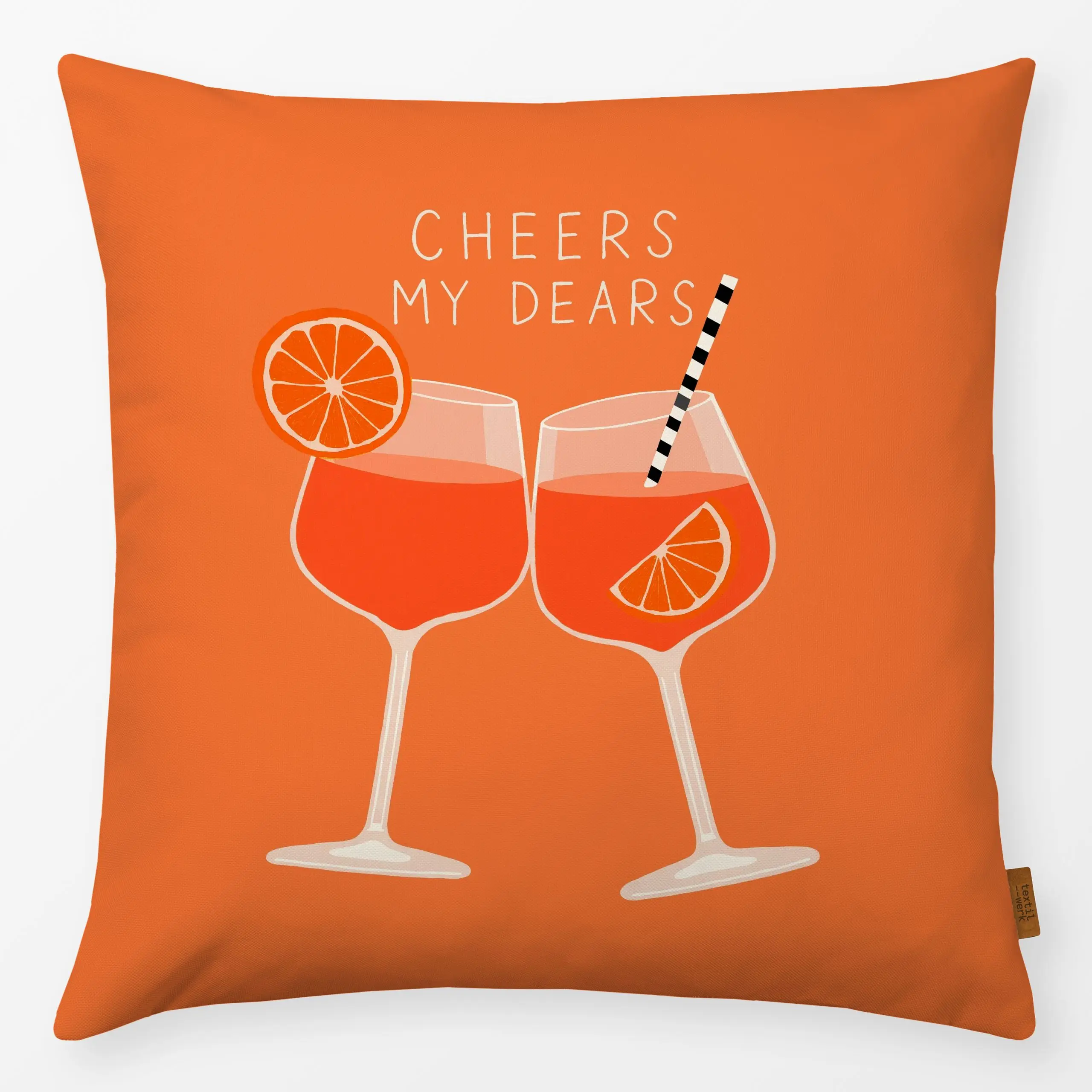 Kissen Cheers my dears - Sommer, Sprüche & Schriftzüge, Küche, Essen & Trinken - von „Studio Kesse"; freundschaft, Cocktail,...