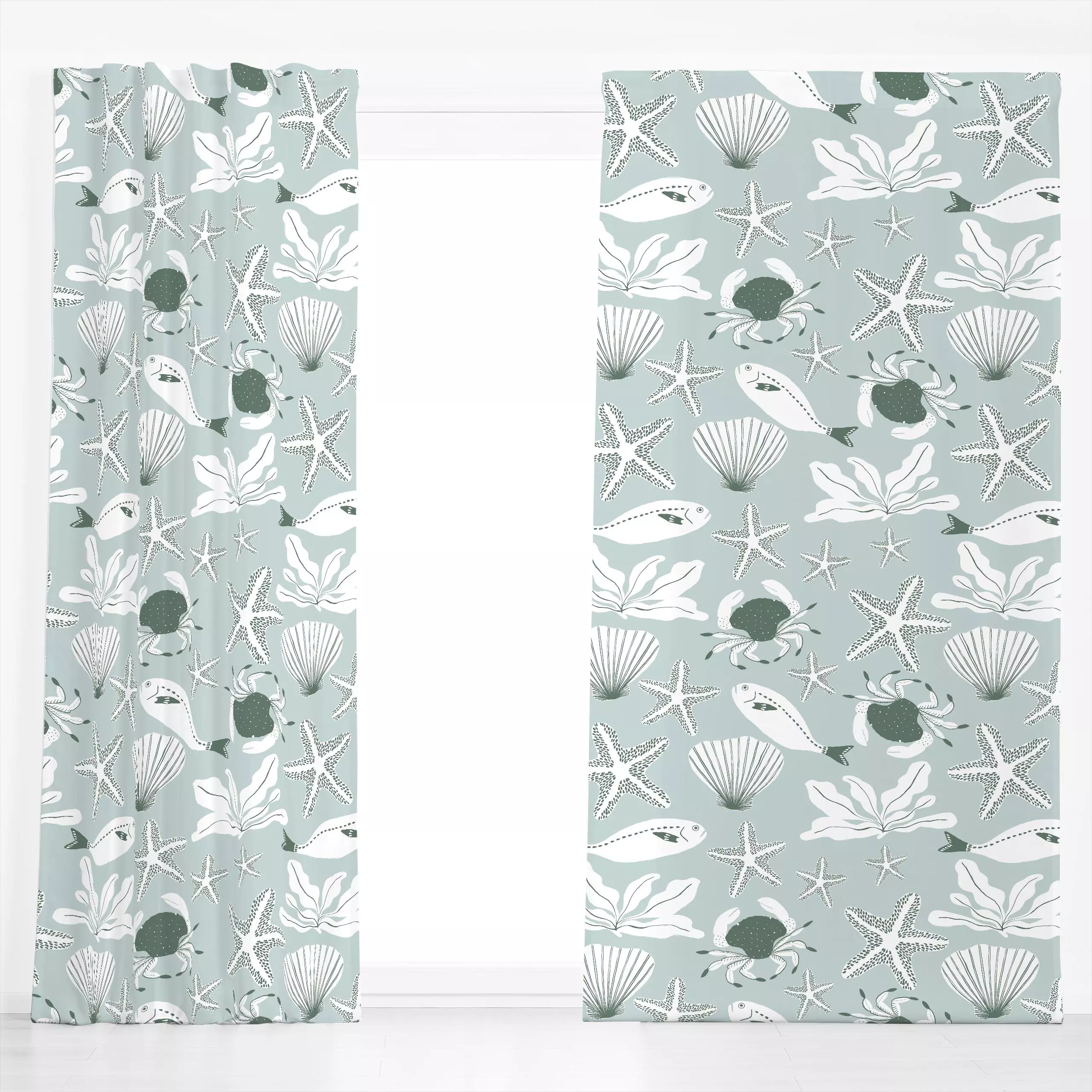 Dekovorhang Erinnerungen ans Meer blau - Sommer, Tiere - von „Julia Schumacher"; Meer, Fische, mediterran, maritim, Muscheln...