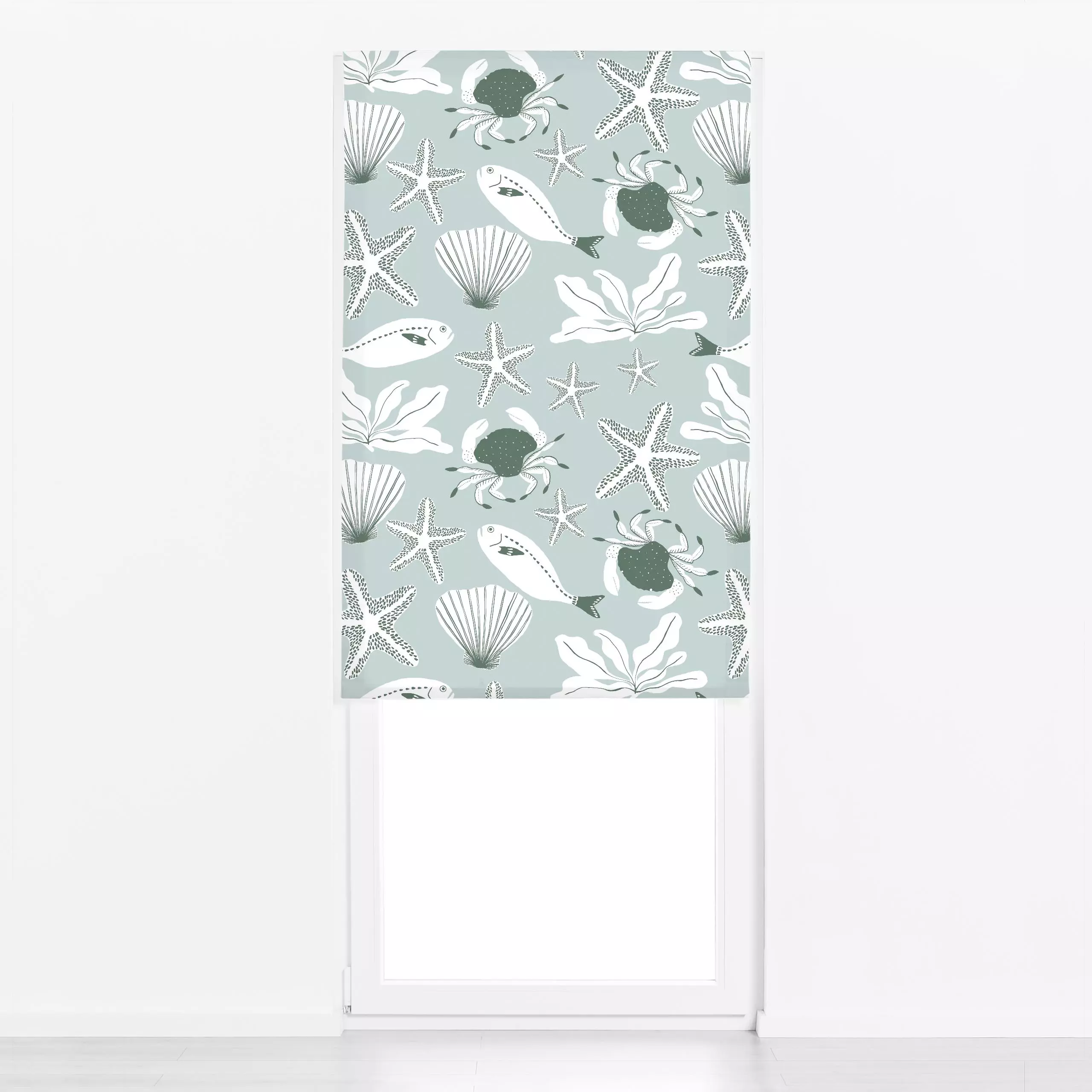 Raffrollo Erinnerungen ans Meer blau - Sommer, Tiere - von „Julia Schumacher"; Meer, Fische, mediterran, maritim, Muscheln, ...